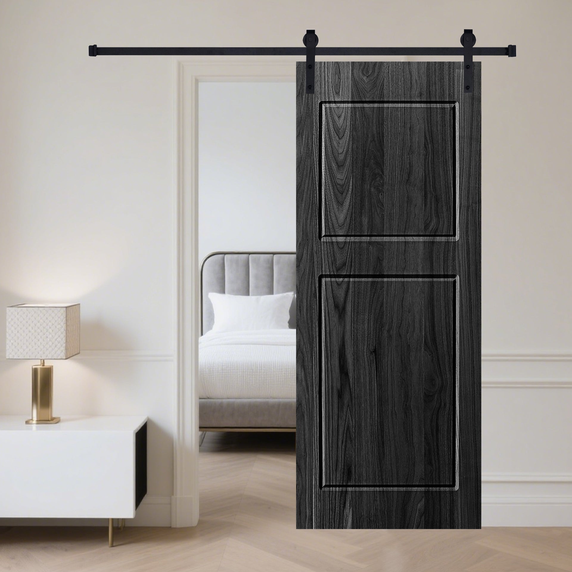 Modern 2-Panel 30 in. x 96 in. Wood Black Barn Sliding Door With Hardware kit
