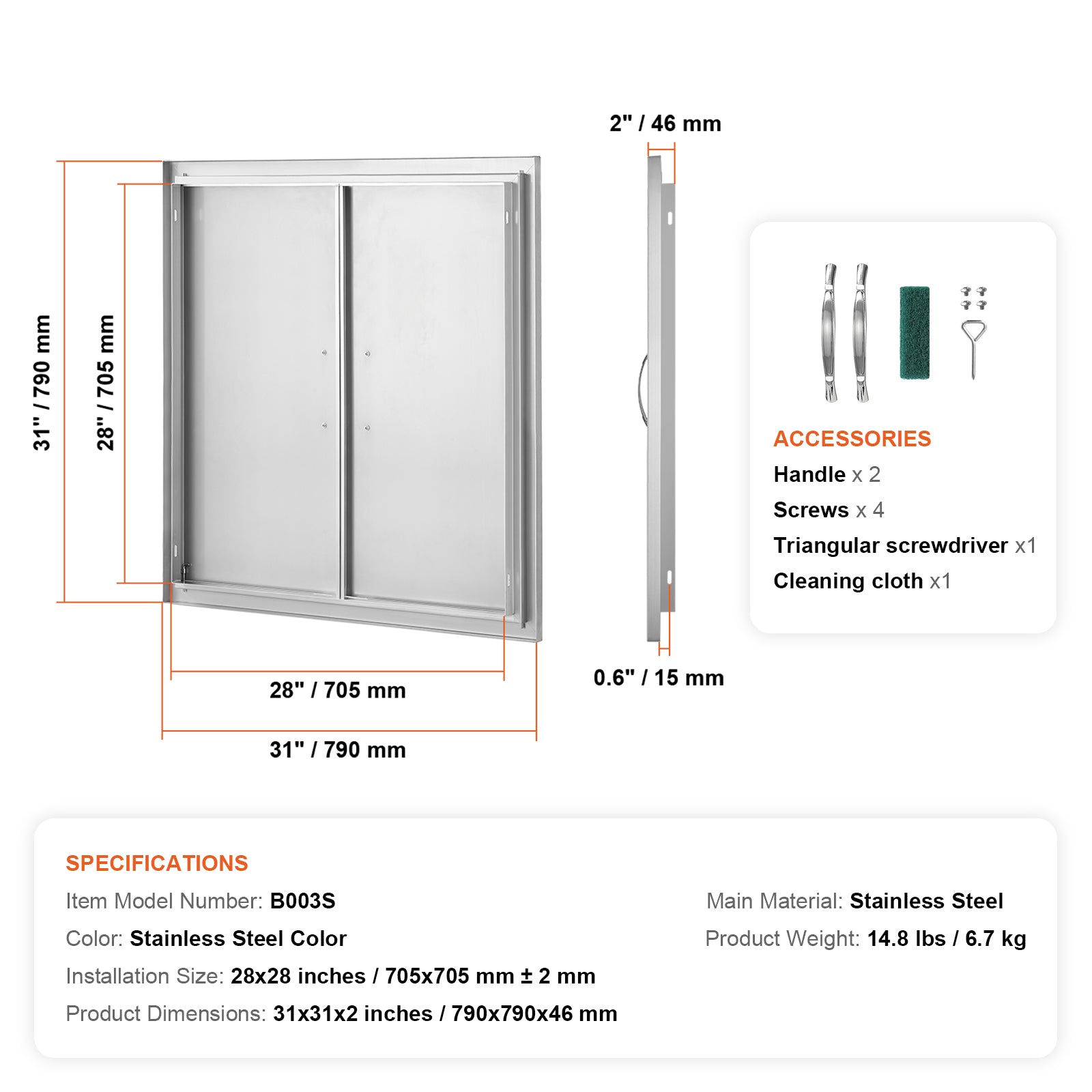 BBQ Access Door, 31W x 31H Inch Double Outdoor Kitchen Door, Stainless Steel Flush Mount Door, Wall Vertical Door with Handles, for BBQ Island, Grilling Station, Outside Cabinet