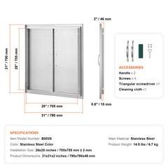 BBQ Access Door, 31W x 31H Inch Double Outdoor Kitchen Door, Stainless Steel Flush Mount Door, Wall Vertical Door with Handles, for BBQ Island, Grilling Station, Outside Cabinet