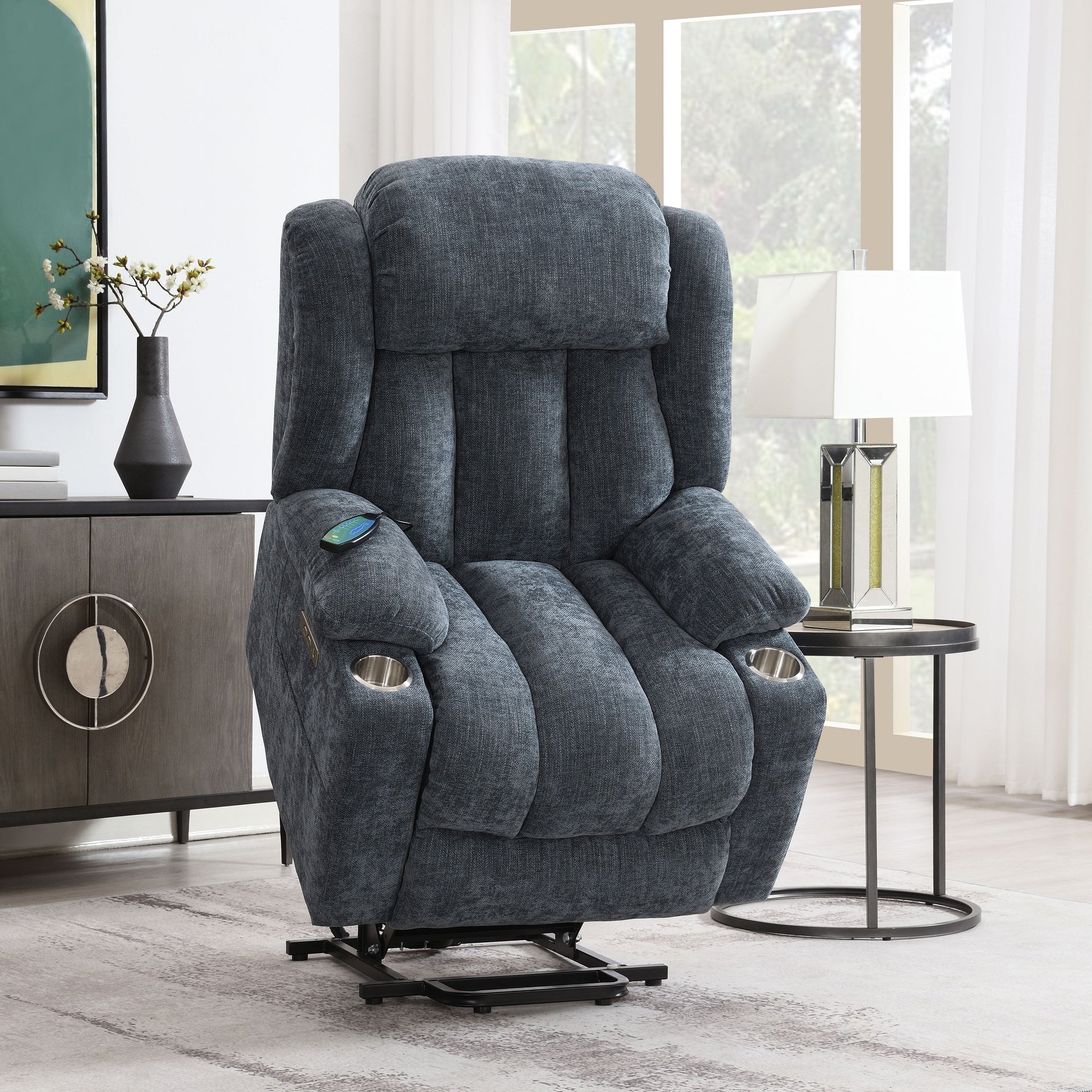 Omarion Blue Chenille Power Motion Recliner with Lift, Heating & Massage Function