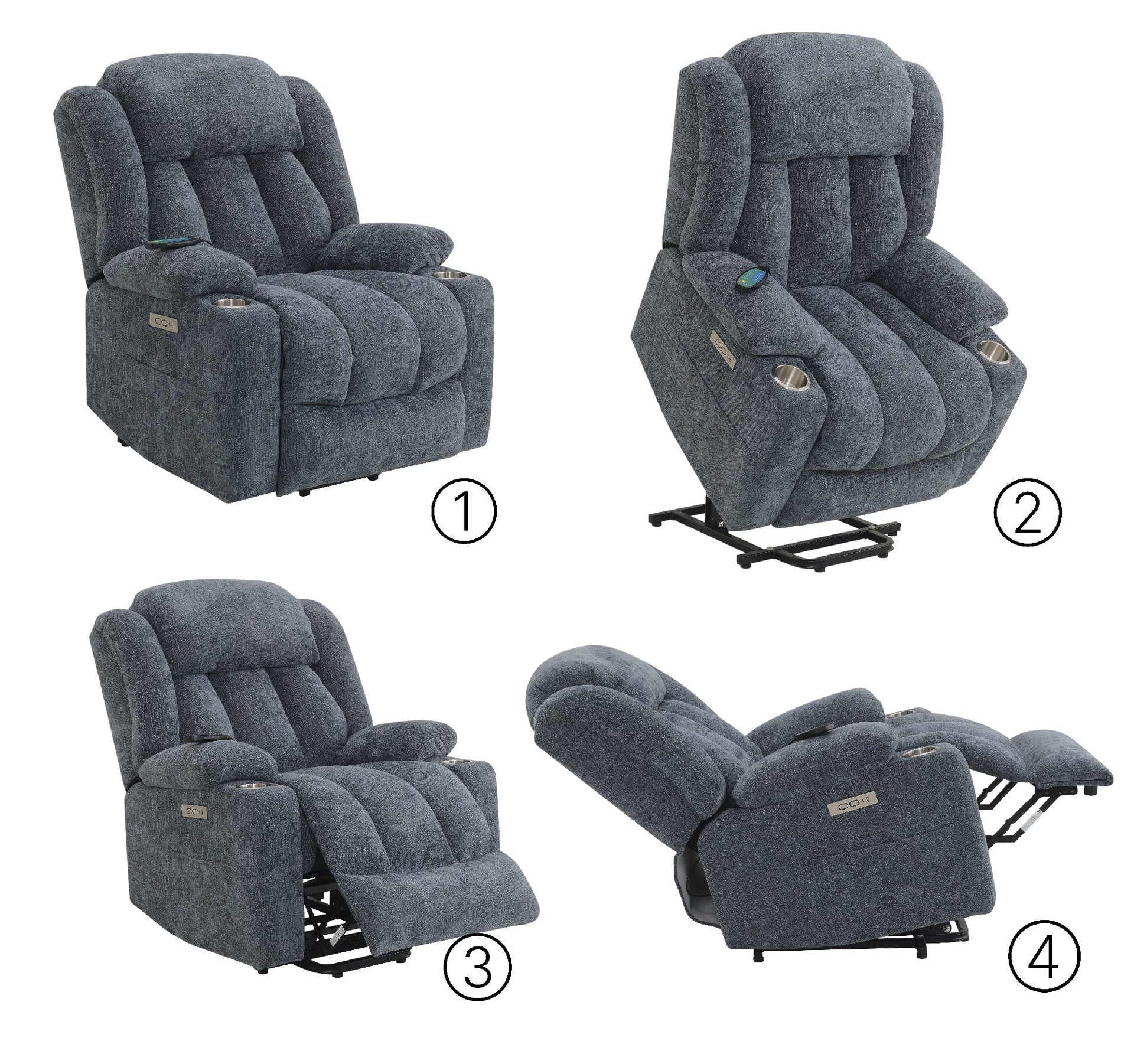 Omarion Blue Chenille Power Motion Recliner with Lift, Heating & Massage Function