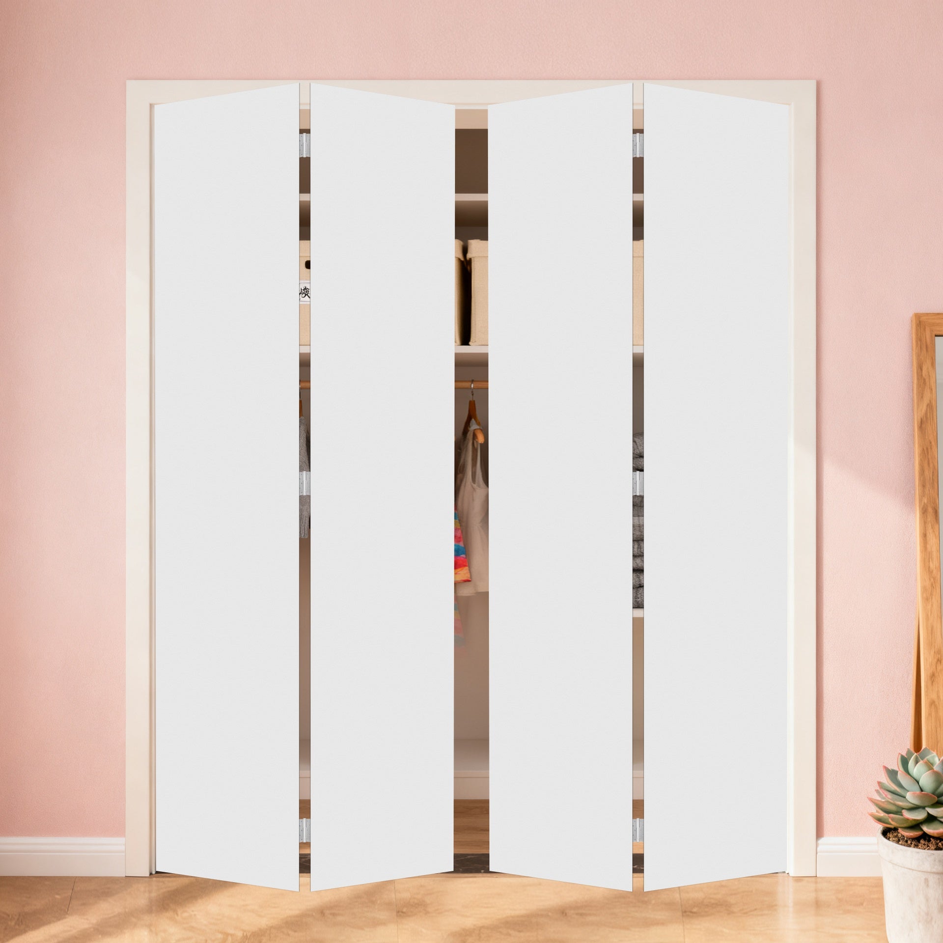 18Double Modern flat panel 48 in. x 84 in. Solid Core White Finished Vinyl bi-fold door With Hardware kit