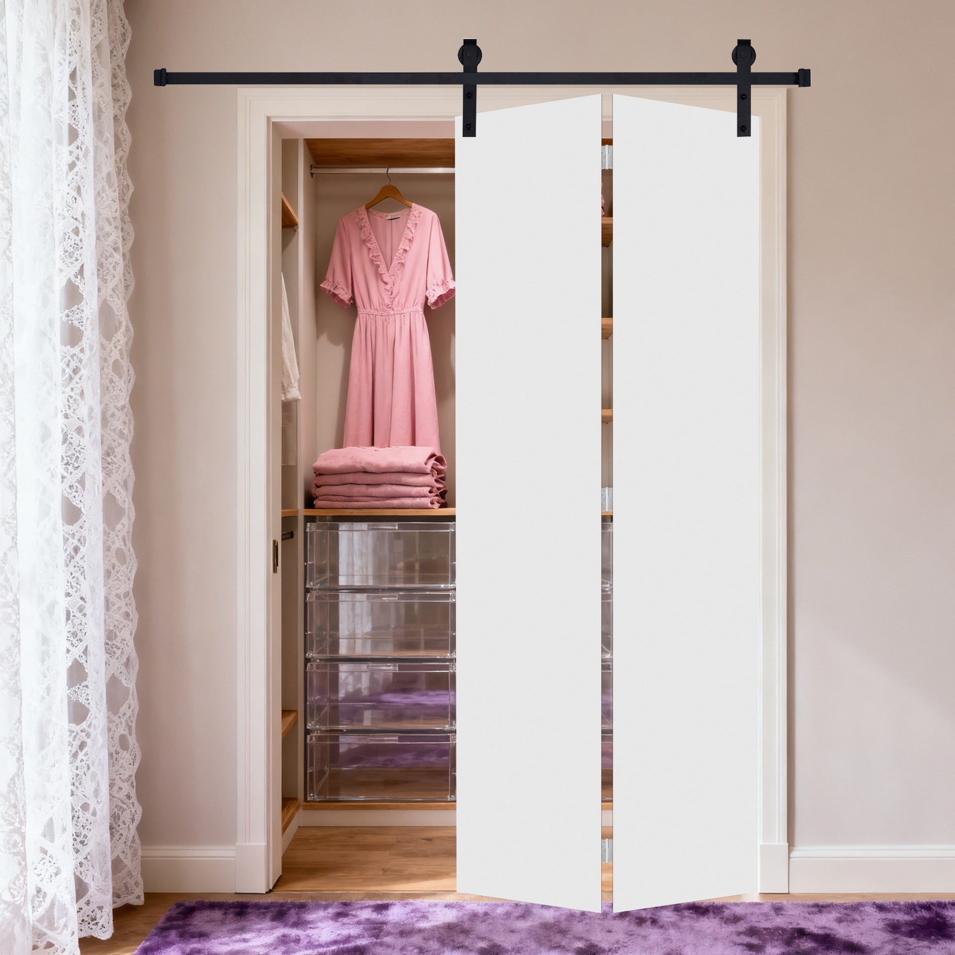 Modern flat panel bi-fold door 38 in. x 80 in. MDF White Barn Sliding Door With Hardware kit