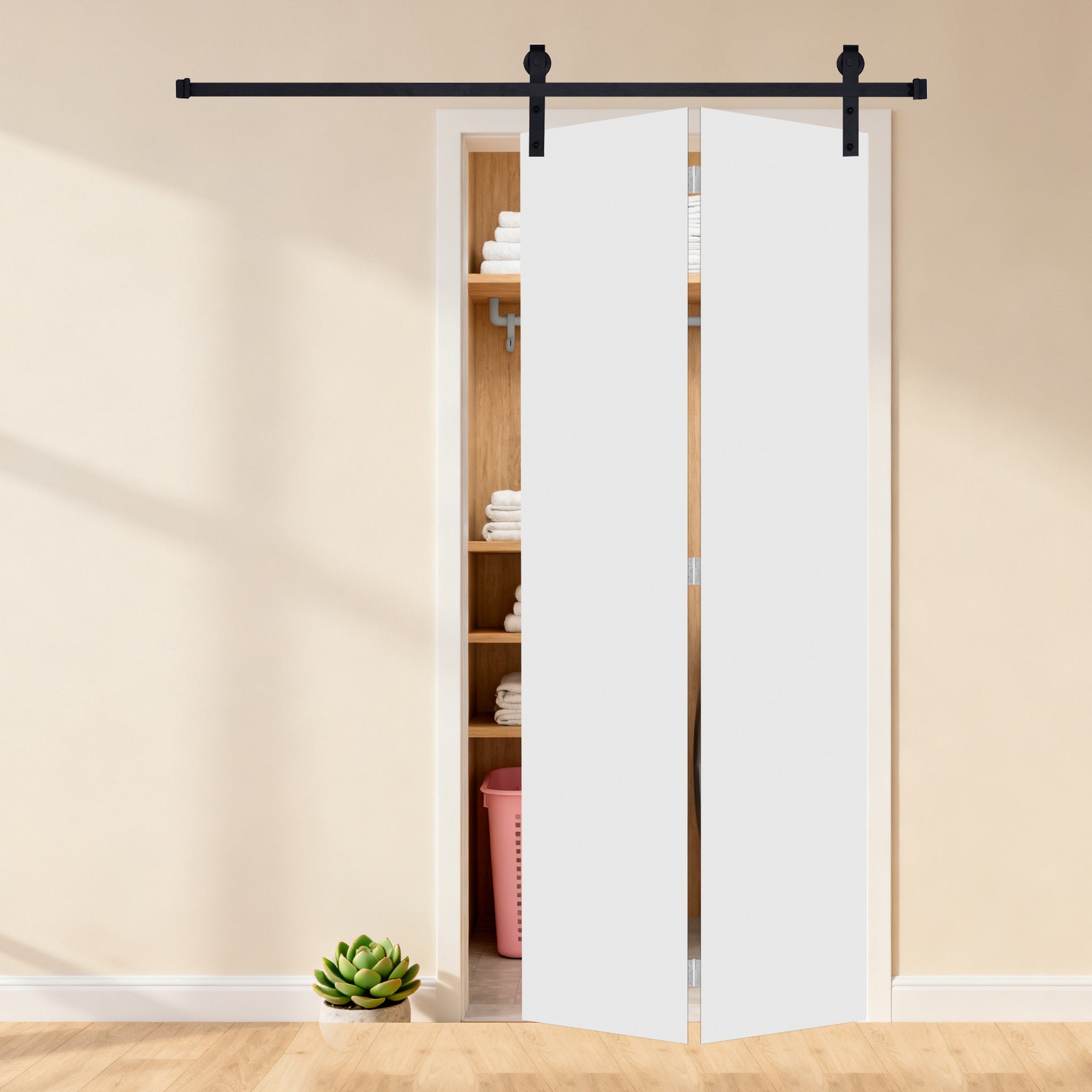 Modern flat panel bi-fold door 28 in. x 80 in. MDF White Barn Sliding Door With Hardware kit