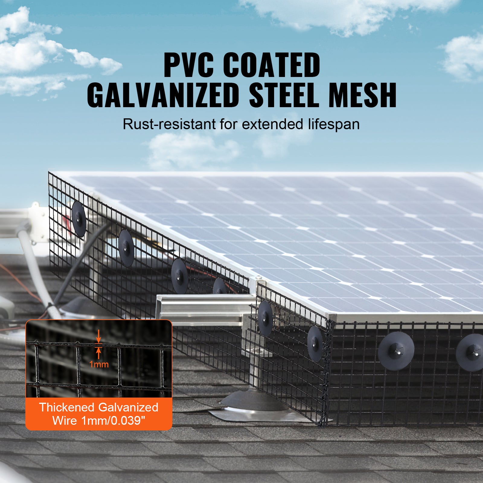 8 inch x 100ft Solar Panel Bird Guard, Critter Guard Roll Kit with 70pcs Stainless Steel Fasteners, Solar Panel Guard with Rust-proof PVC Coating, 1/2 inch Wire Roll Mesh