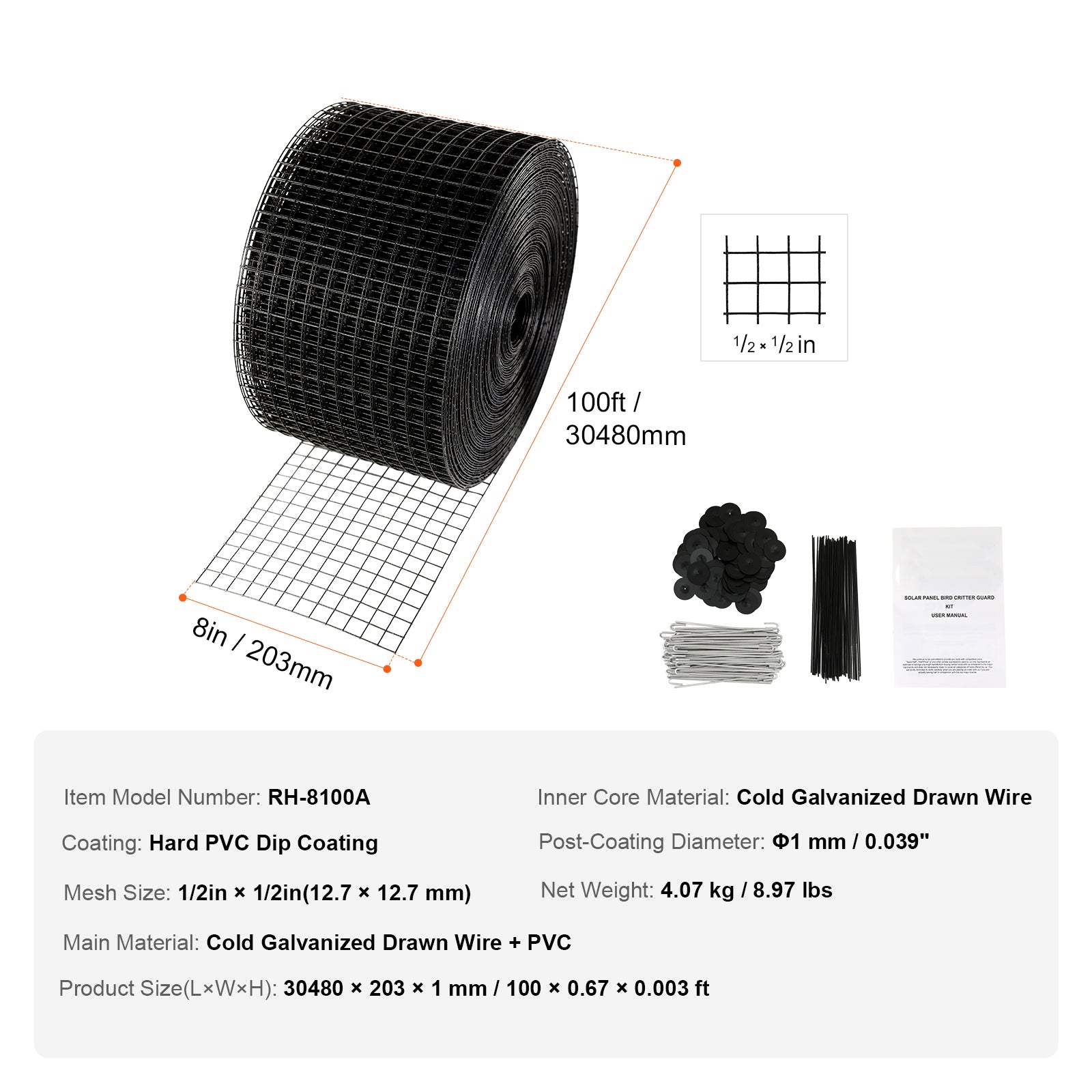 8 inch x 100ft Solar Panel Bird Guard, Critter Guard Roll Kit with 70pcs Stainless Steel Fasteners, Solar Panel Guard with Rust-proof PVC Coating, 1/2 inch Wire Roll Mesh