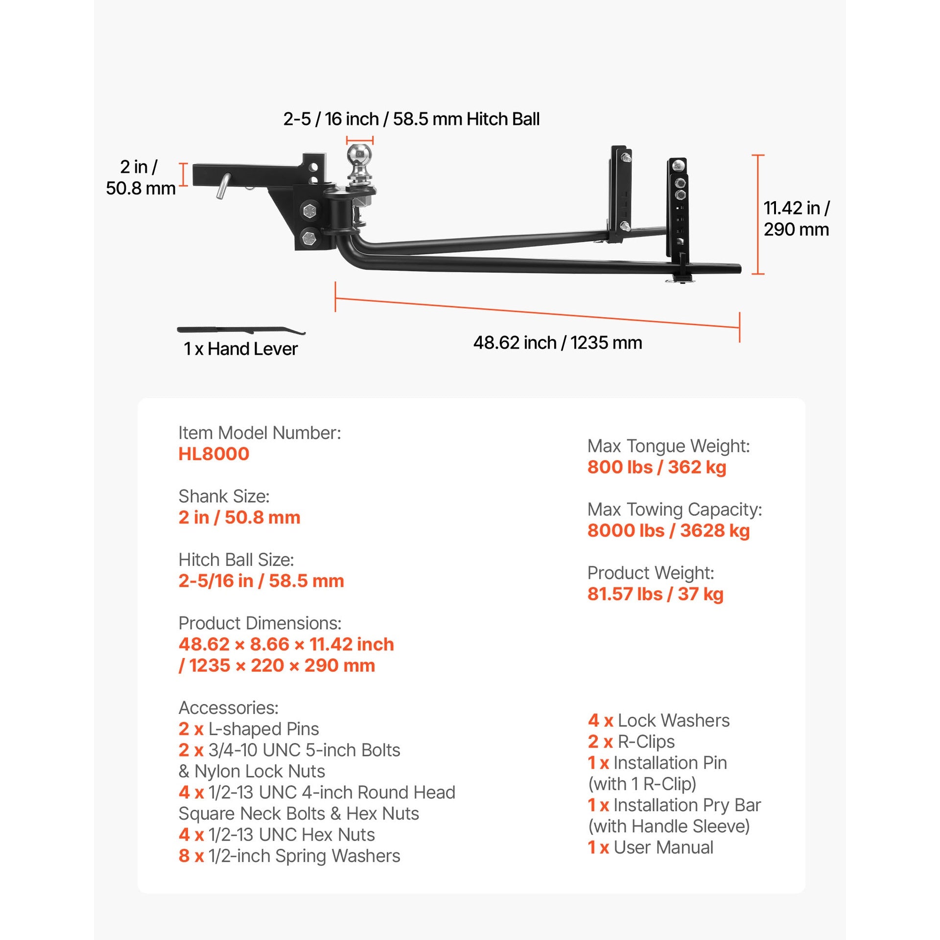 Weight Distribution Hitch, 8000 lbs Max Towing & 800 lbs Max Tongue, Weight Distributing Hitches Kit with Sway Control Includes 2 in Shank & 2-5/16 in Ball, Load Leveling Hitch for Trailers