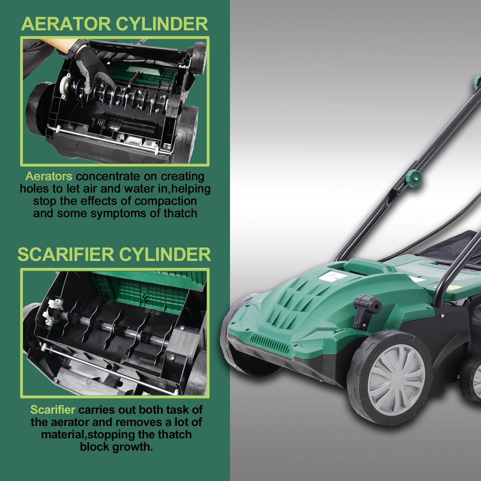 Garden Scarifier, 2-in-1 13INCH Dethatcher Scarifier,12 Amp Electric Lawn Dethatcher,Removable Collection Bag extra large 31.7QT, CUS Certificated