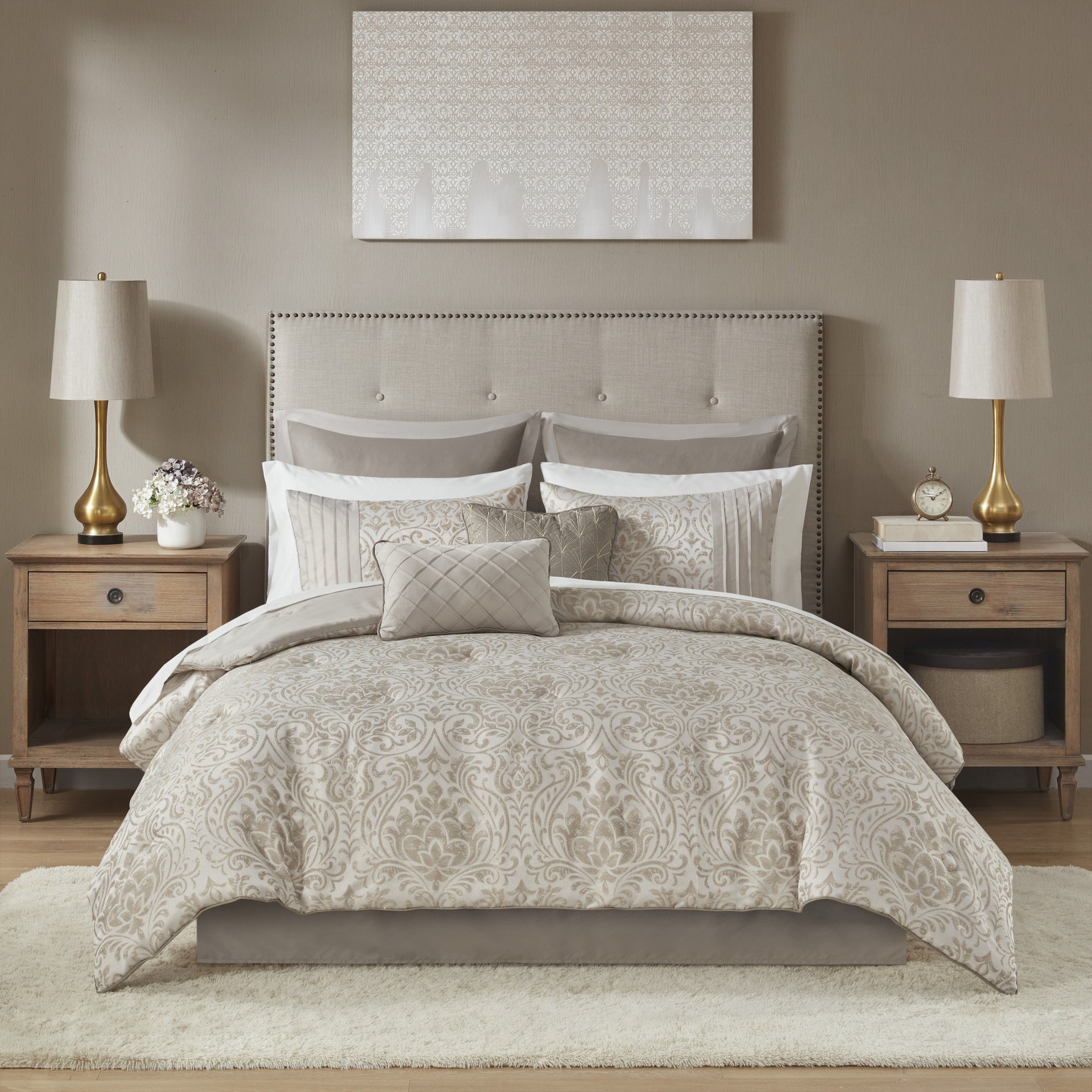 12 Piece Jacquard Comforter Set with Bed Sheets Khaki Cal King