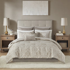 12 Piece Jacquard Comforter Set with Bed Sheets Khaki Cal King
