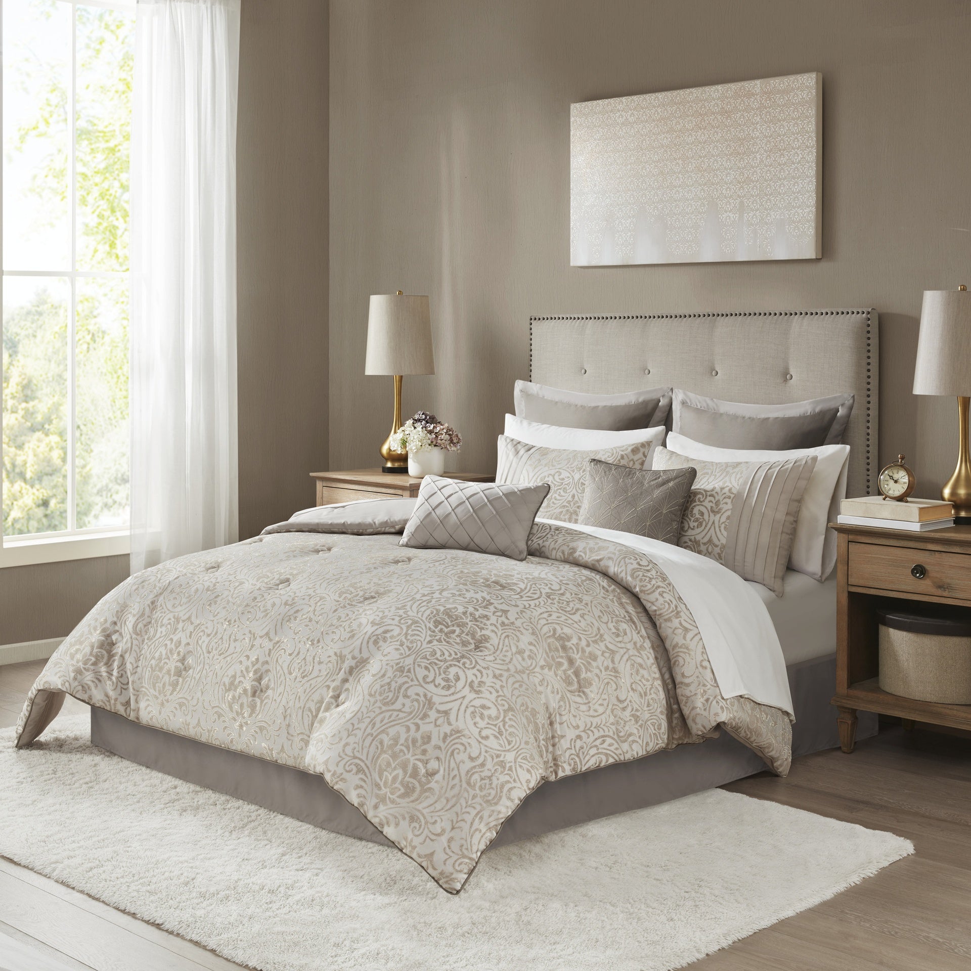 12 Piece Jacquard Comforter Set with Bed Sheets Khaki Cal King