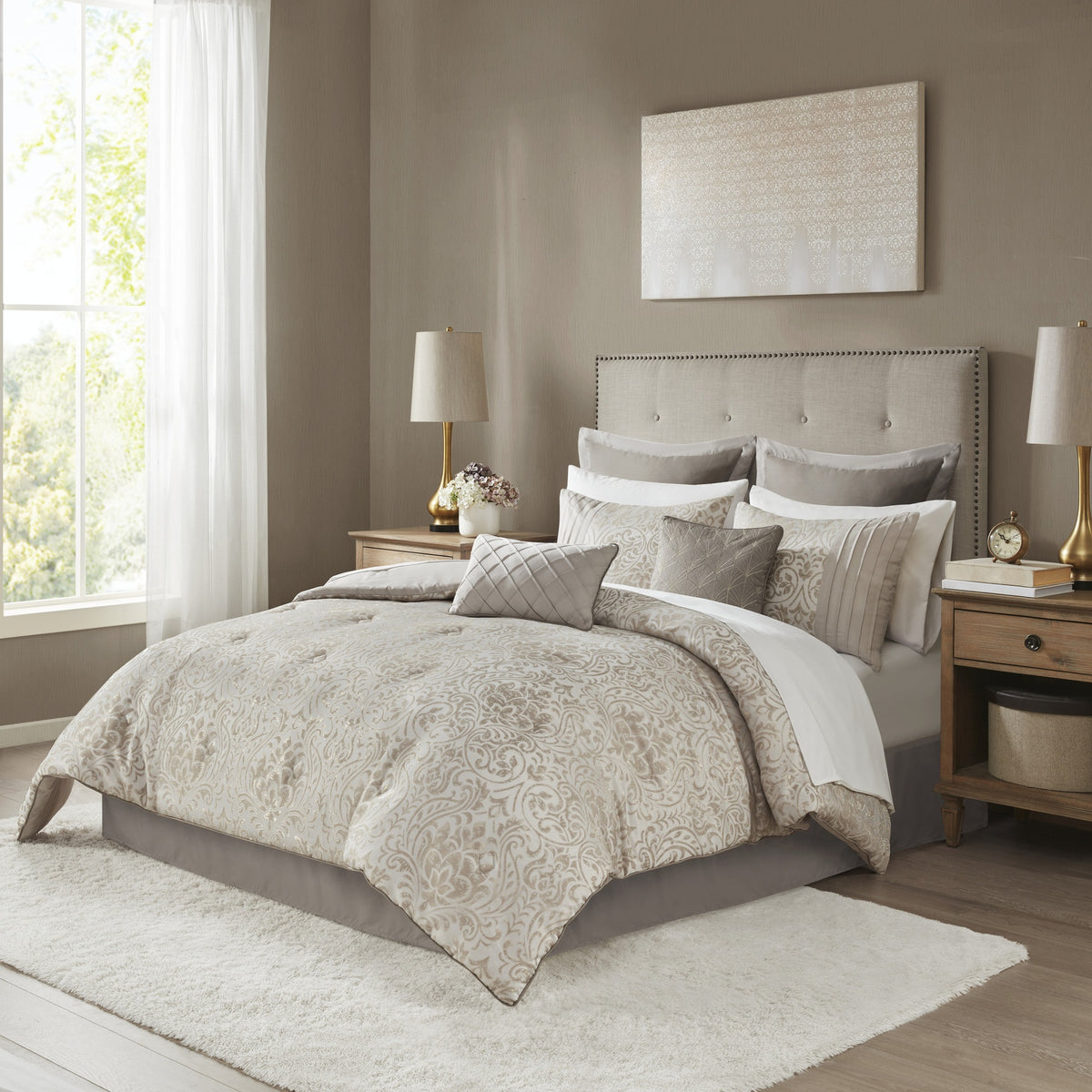 12 Piece Jacquard Comforter Set with Bed Sheets Khaki Cal King