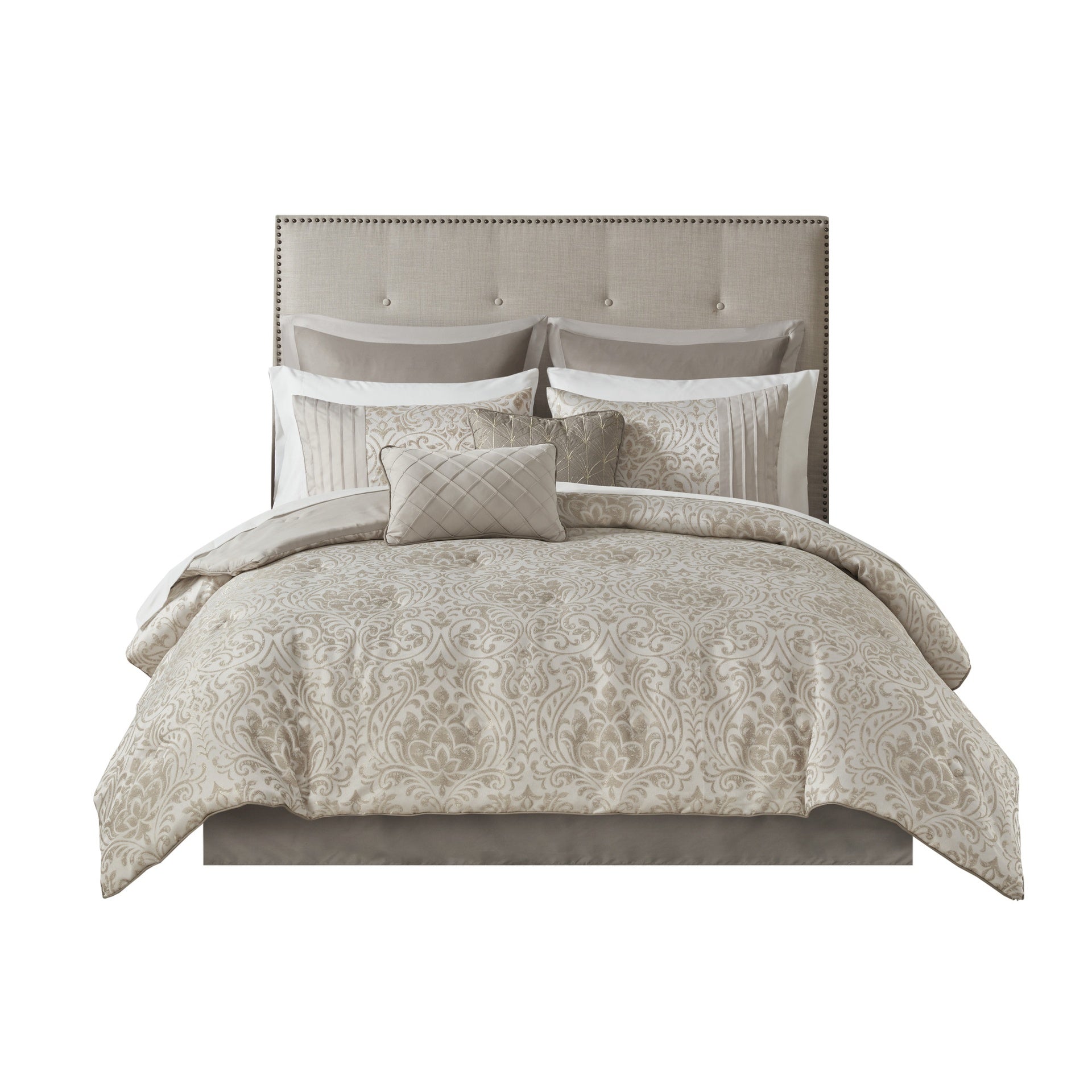 12 Piece Jacquard Comforter Set with Bed Sheets Khaki Cal King