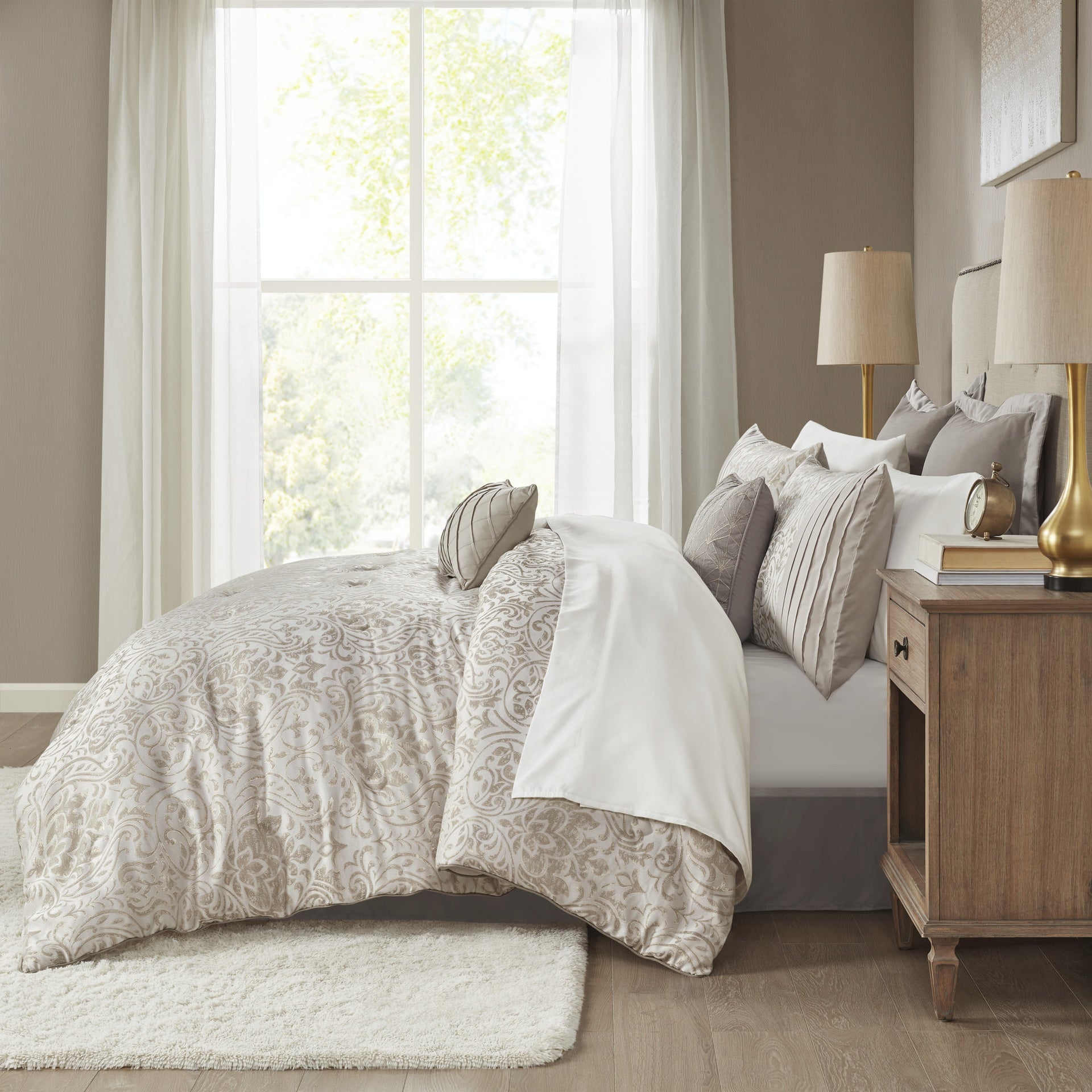 12 Piece Jacquard Comforter Set with Bed Sheets Khaki Cal King