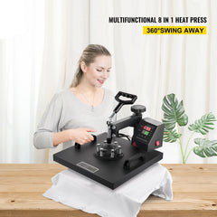 Heat Press Machine 15x15Inch 8pcs 1050W Combo Digital Multifunctional Sublimation Heat Transfer Machine Dual LED Display for T Shirts Hat Mug Cap Plate Swing Away Design