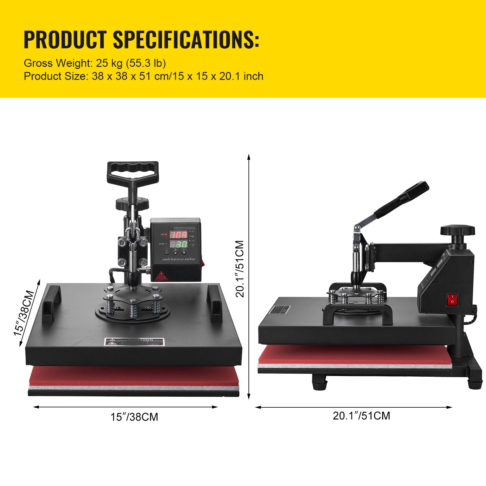Heat Press Machine 15x15Inch 8pcs 1050W Combo Digital Multifunctional Sublimation Heat Transfer Machine Dual LED Display for T Shirts Hat Mug Cap Plate Swing Away Design