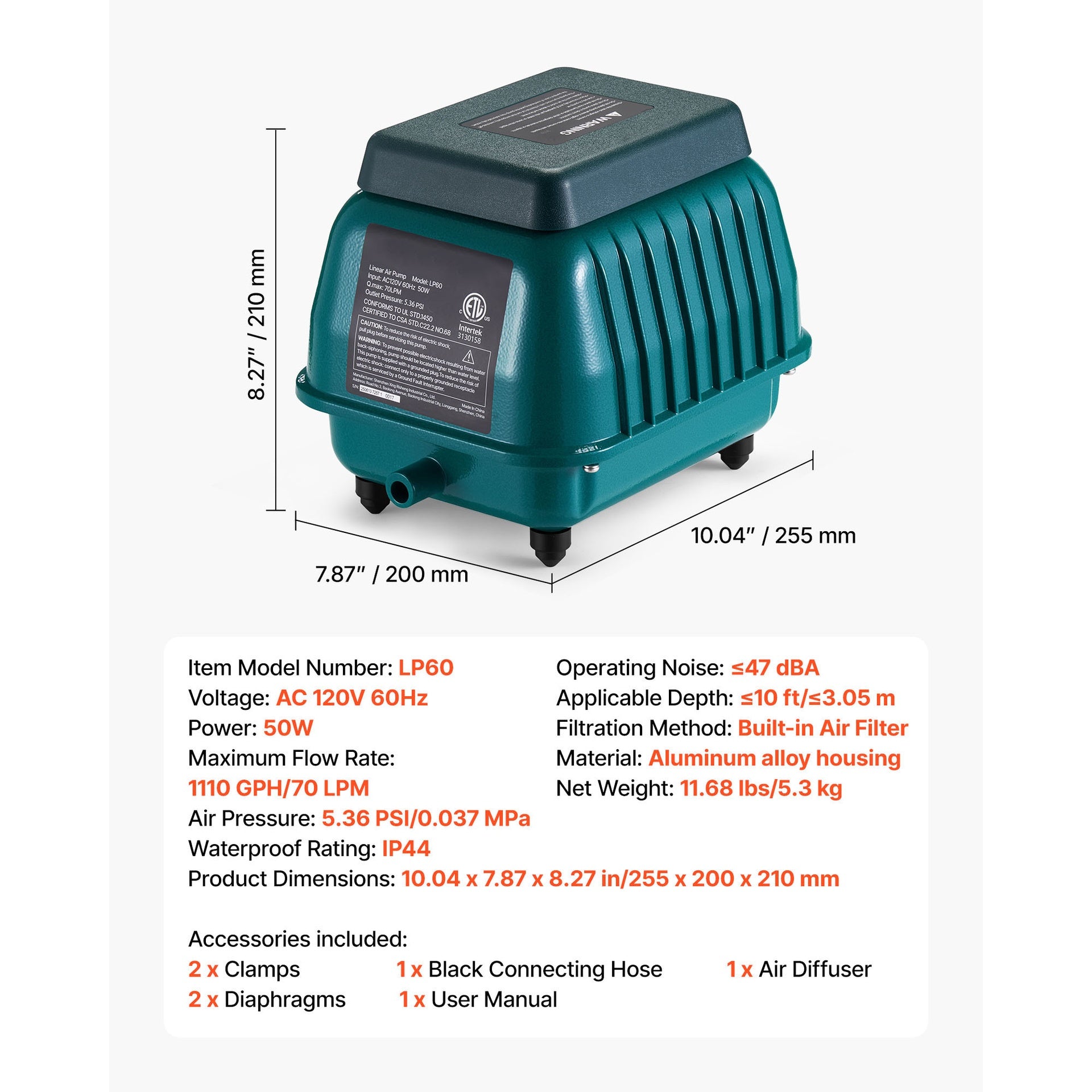 Linear Air Pump, 1110 GPH Air Flow, Septic Aerator Pump, Aeration System for 10 ft Deep Ponds, Fit for Septic Tanks, Aquariums, Waste Treatment, Seafood Restaurants, Fish Farms, Hydroponics