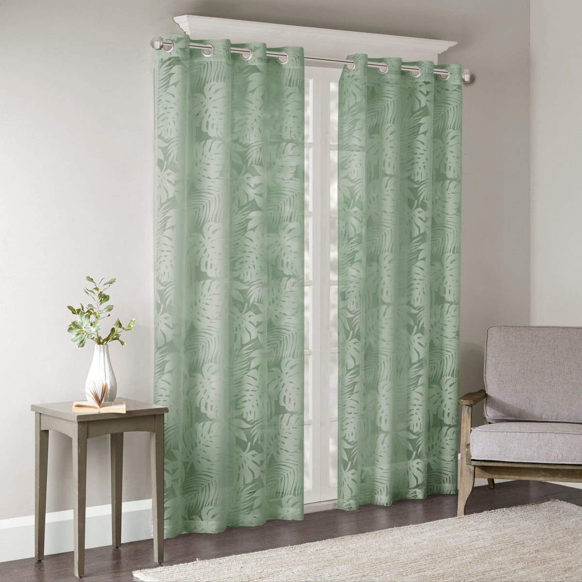 Palm Leaf Burnout Window Sheer Sage Green 50x84"