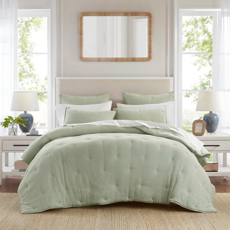 3-Piece Full/Queen Cotton Gauze  Embroidered Quilt Set,Sage