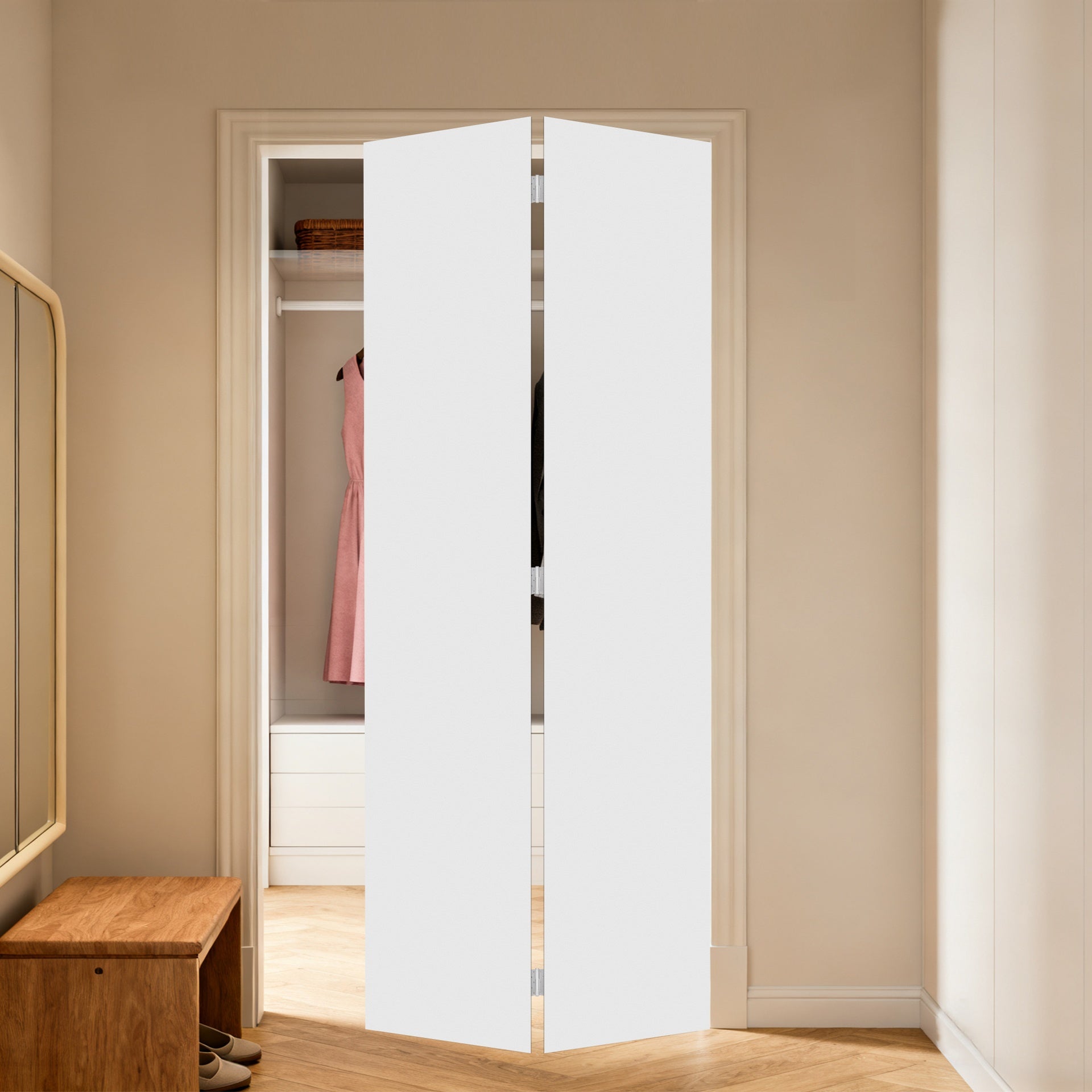 18Modern flat panel 44 in. x 80 in. Solid Core White Finished Vinyl bi-fold door With Hardware kit