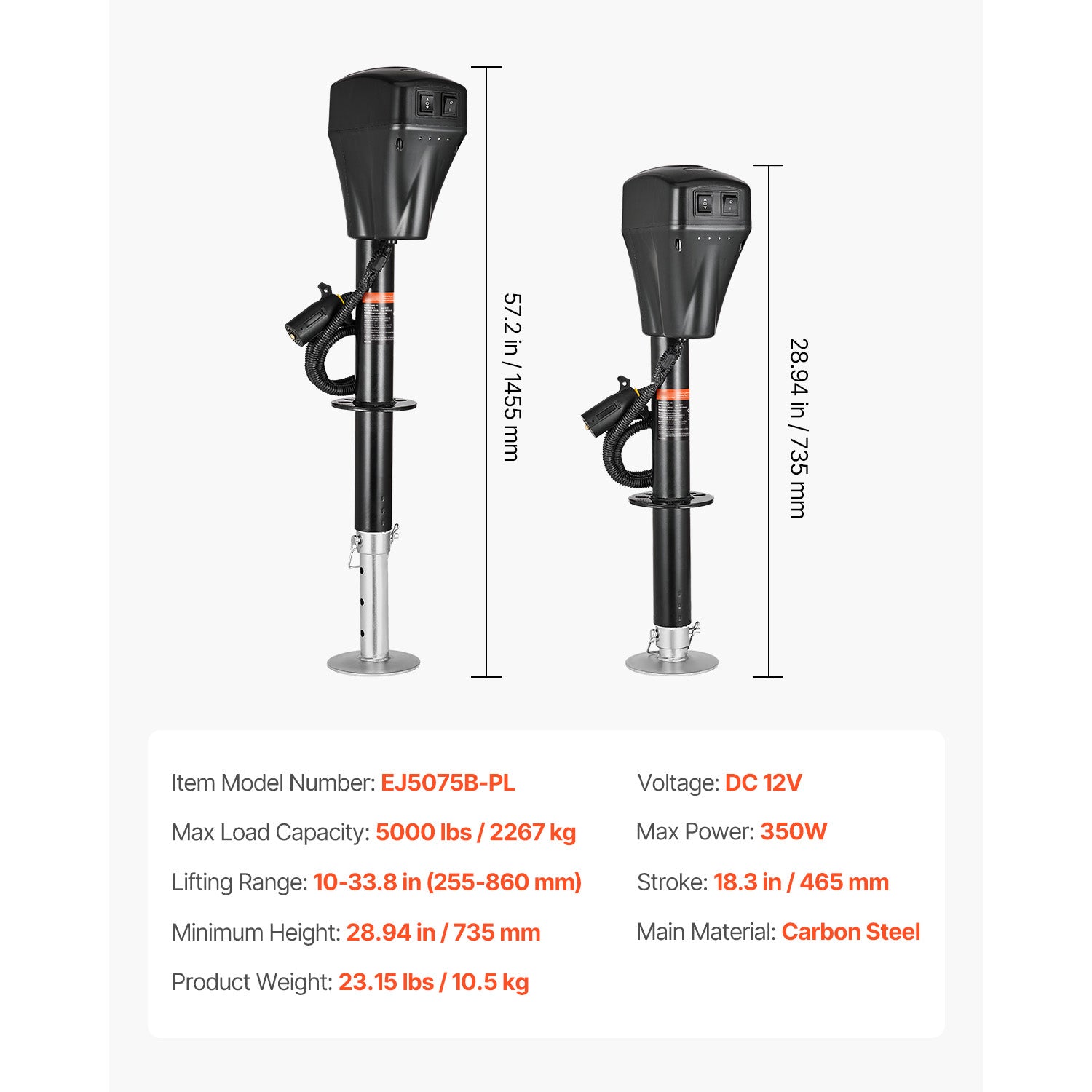 Electric Trailer Jack 5000 lbs Power Tongue Jack for RV Trailer & Camper Black With a 7-pin Trailer Connector