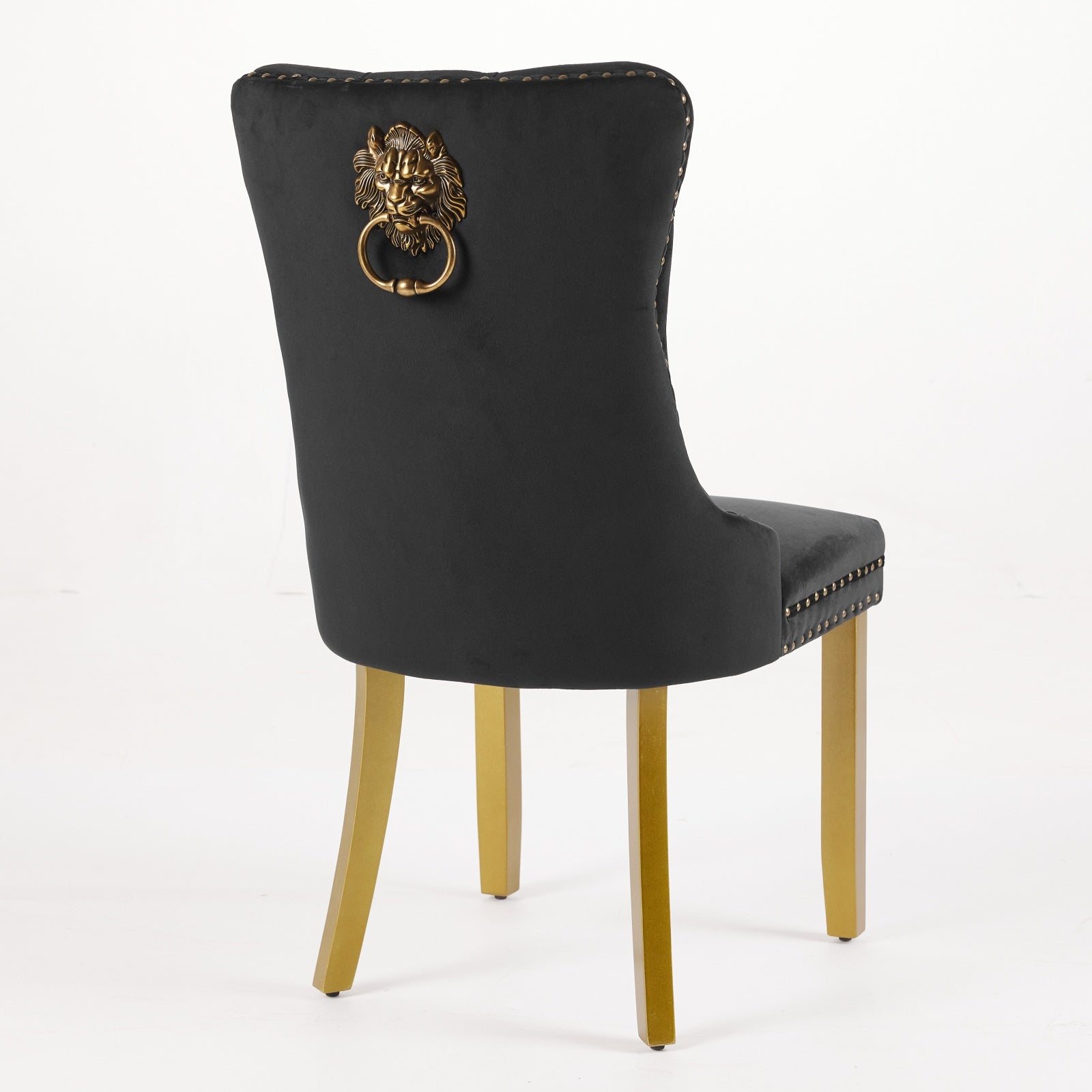 Mid-Century Modern Chairs with Lion Head Pull Ring,High-end Tufted Solid Wood Contemporary Velvet Upholstered Dining Chair with Golden Wooden Legs Nailhead Trim 2-Pcs Set,Black,SW1201BK