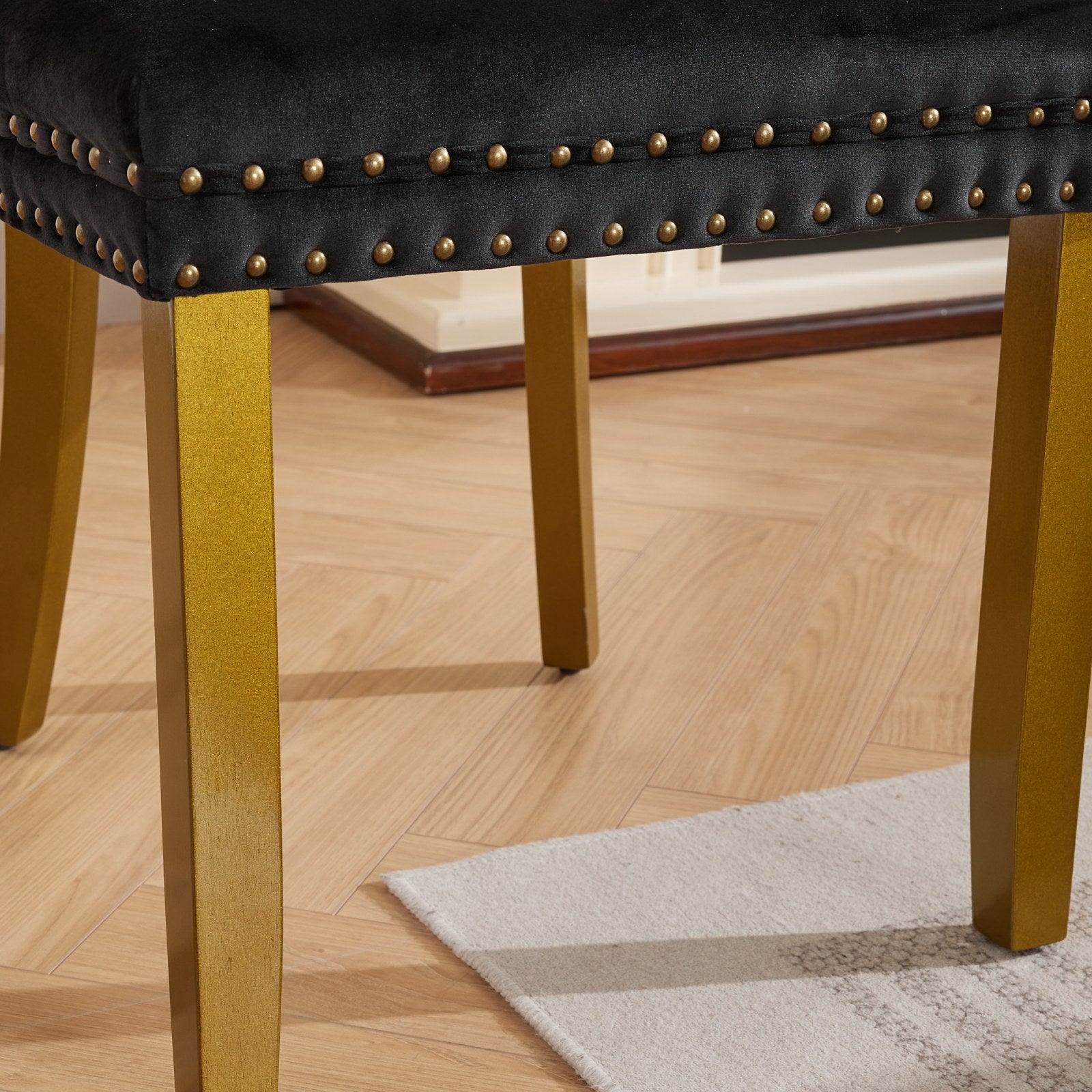 Mid-Century Modern Chairs with Lion Head Pull Ring,High-end Tufted Solid Wood Contemporary Velvet Upholstered Dining Chair with Golden Wooden Legs Nailhead Trim 2-Pcs Set,Black,SW1201BK
