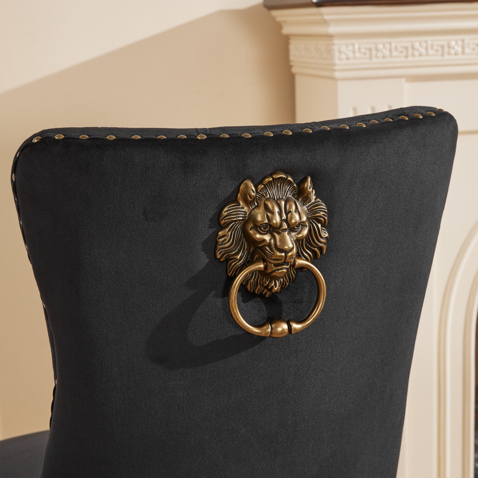 Mid-Century Modern Chairs with Lion Head Pull Ring,High-end Tufted Solid Wood Contemporary Velvet Upholstered Dining Chair with Golden Wooden Legs Nailhead Trim 2-Pcs Set,Black,SW1201BK