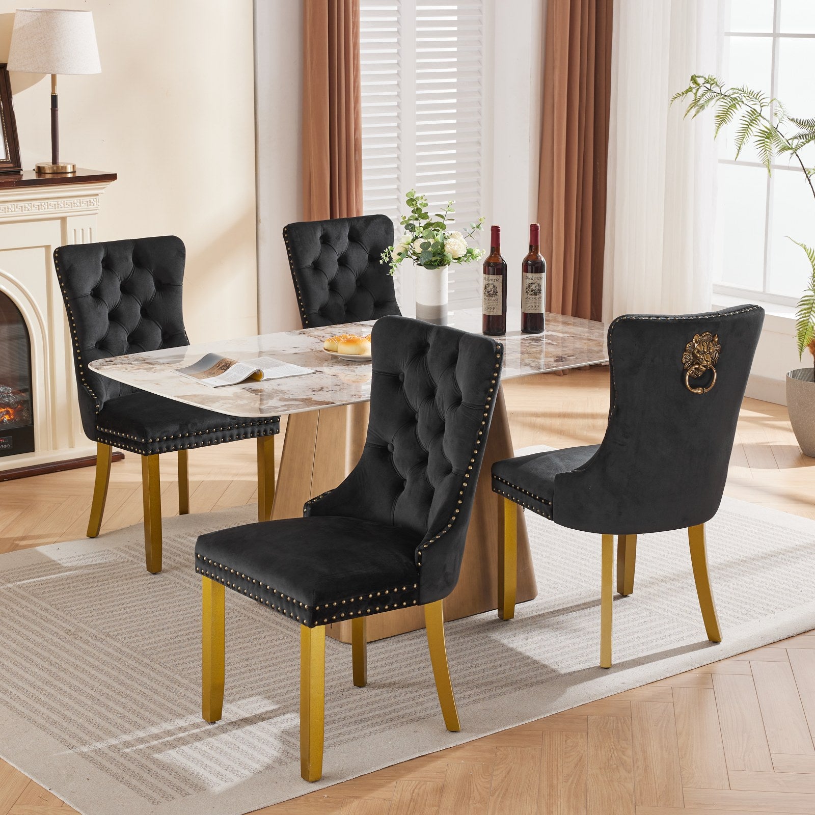 Mid-Century Modern Chairs with Lion Head Pull Ring,High-end Tufted Solid Wood Contemporary Velvet Upholstered Dining Chair with Golden Wooden Legs Nailhead Trim 2-Pcs Set,Black,SW1201BK
