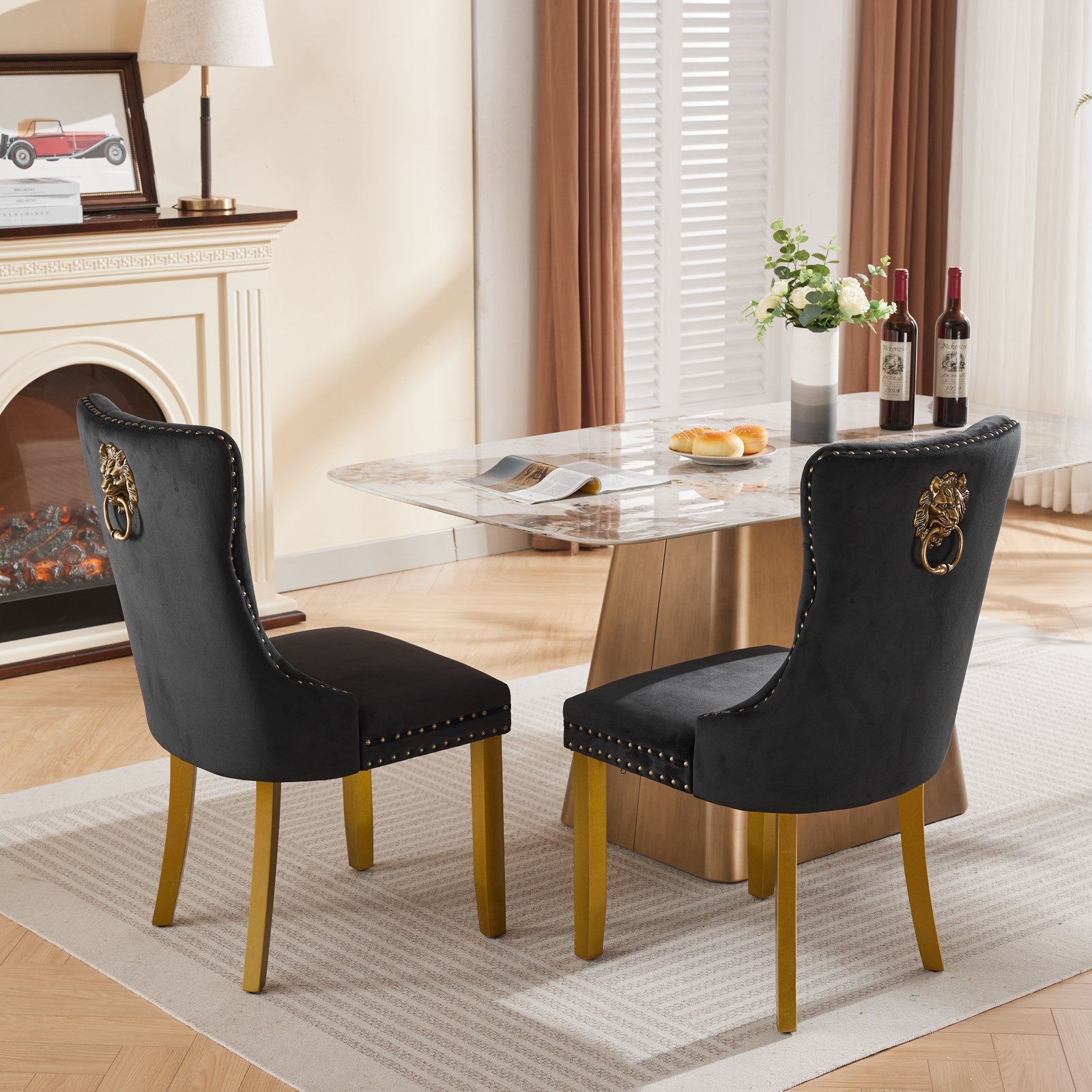 Mid-Century Modern Chairs with Lion Head Pull Ring,High-end Tufted Solid Wood Contemporary Velvet Upholstered Dining Chair with Golden Wooden Legs Nailhead Trim 2-Pcs Set,Black,SW1201BK