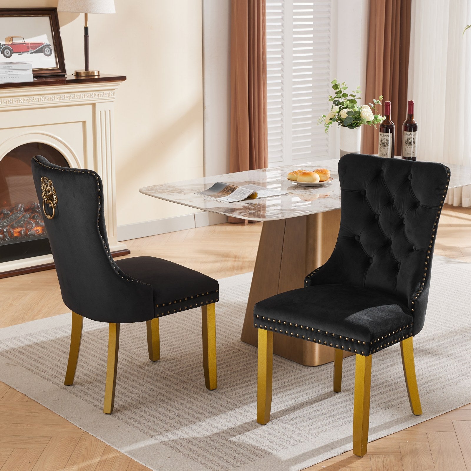 Mid-Century Modern Chairs with Lion Head Pull Ring,High-end Tufted Solid Wood Contemporary Velvet Upholstered Dining Chair with Golden Wooden Legs Nailhead Trim 2-Pcs Set,Black,SW1201BK