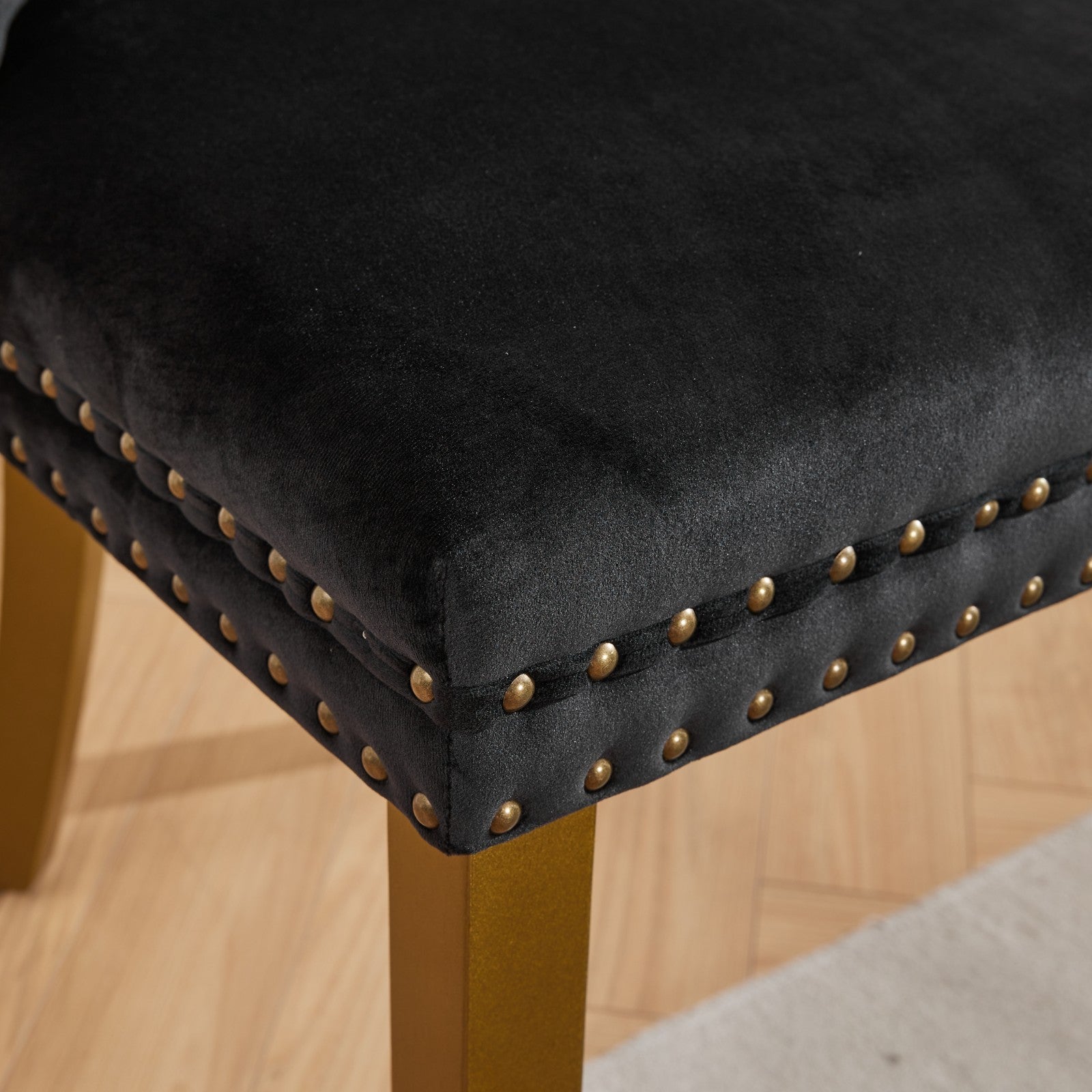 Mid-Century Modern Chairs with Lion Head Pull Ring,High-end Tufted Solid Wood Contemporary Velvet Upholstered Dining Chair with Golden Wooden Legs Nailhead Trim 2-Pcs Set,Black,SW1201BK