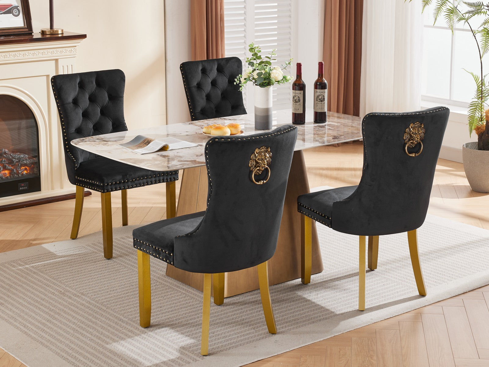 Mid-Century Modern Chairs with Lion Head Pull Ring,High-end Tufted Solid Wood Contemporary Velvet Upholstered Dining Chair with Golden Wooden Legs Nailhead Trim 2-Pcs Set,Black,SW1201BK