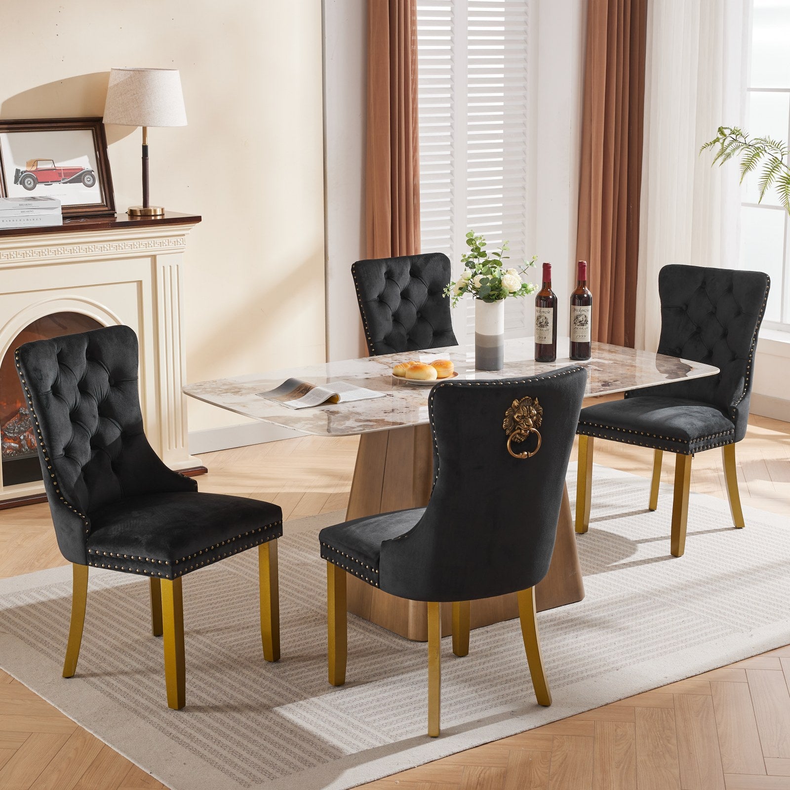 Mid-Century Modern Chairs with Lion Head Pull Ring,High-end Tufted Solid Wood Contemporary Velvet Upholstered Dining Chair with Golden Wooden Legs Nailhead Trim 2-Pcs Set,Black,SW1201BK