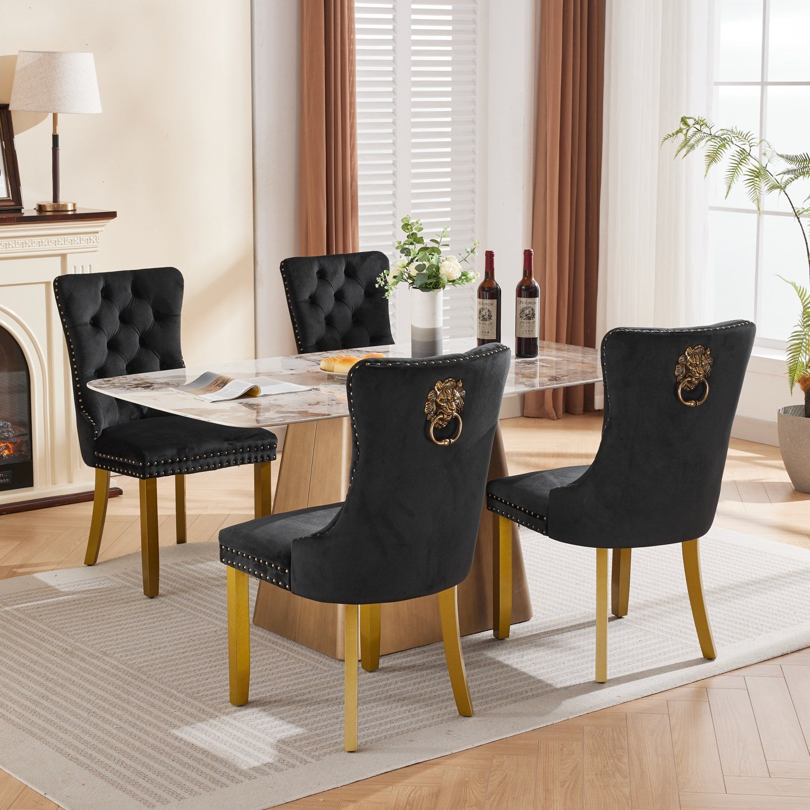 Mid-Century Modern Chairs with Lion Head Pull Ring,High-end Tufted Solid Wood Contemporary Velvet Upholstered Dining Chair with Golden Wooden Legs Nailhead Trim 2-Pcs Set,Black,SW1201BK