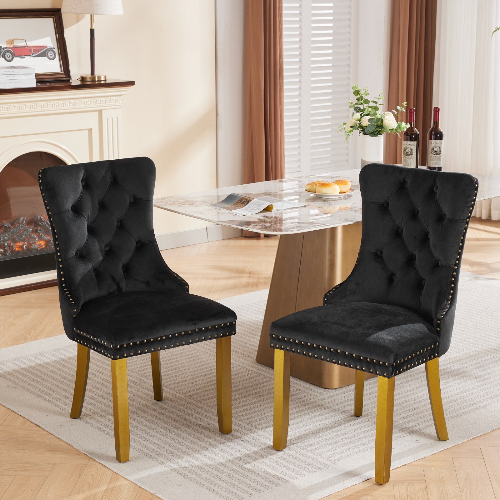 Mid-Century Modern Chairs with Lion Head Pull Ring,High-end Tufted Solid Wood Contemporary Velvet Upholstered Dining Chair with Golden Wooden Legs Nailhead Trim 2-Pcs Set,Black,SW1201BK