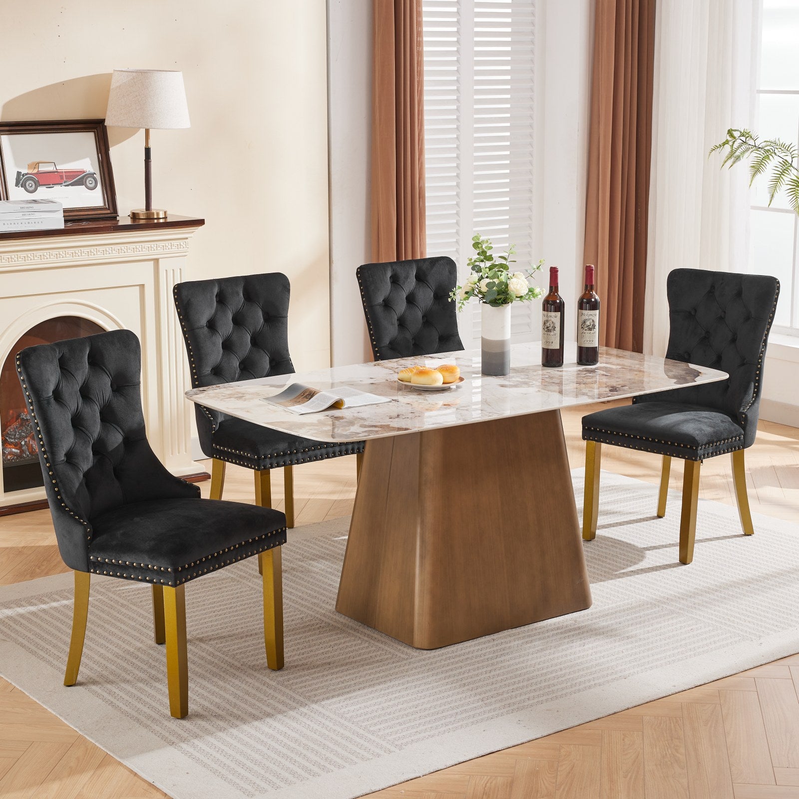 Mid-Century Modern Chairs with Lion Head Pull Ring,High-end Tufted Solid Wood Contemporary Velvet Upholstered Dining Chair with Golden Wooden Legs Nailhead Trim 2-Pcs Set,Black,SW1201BK