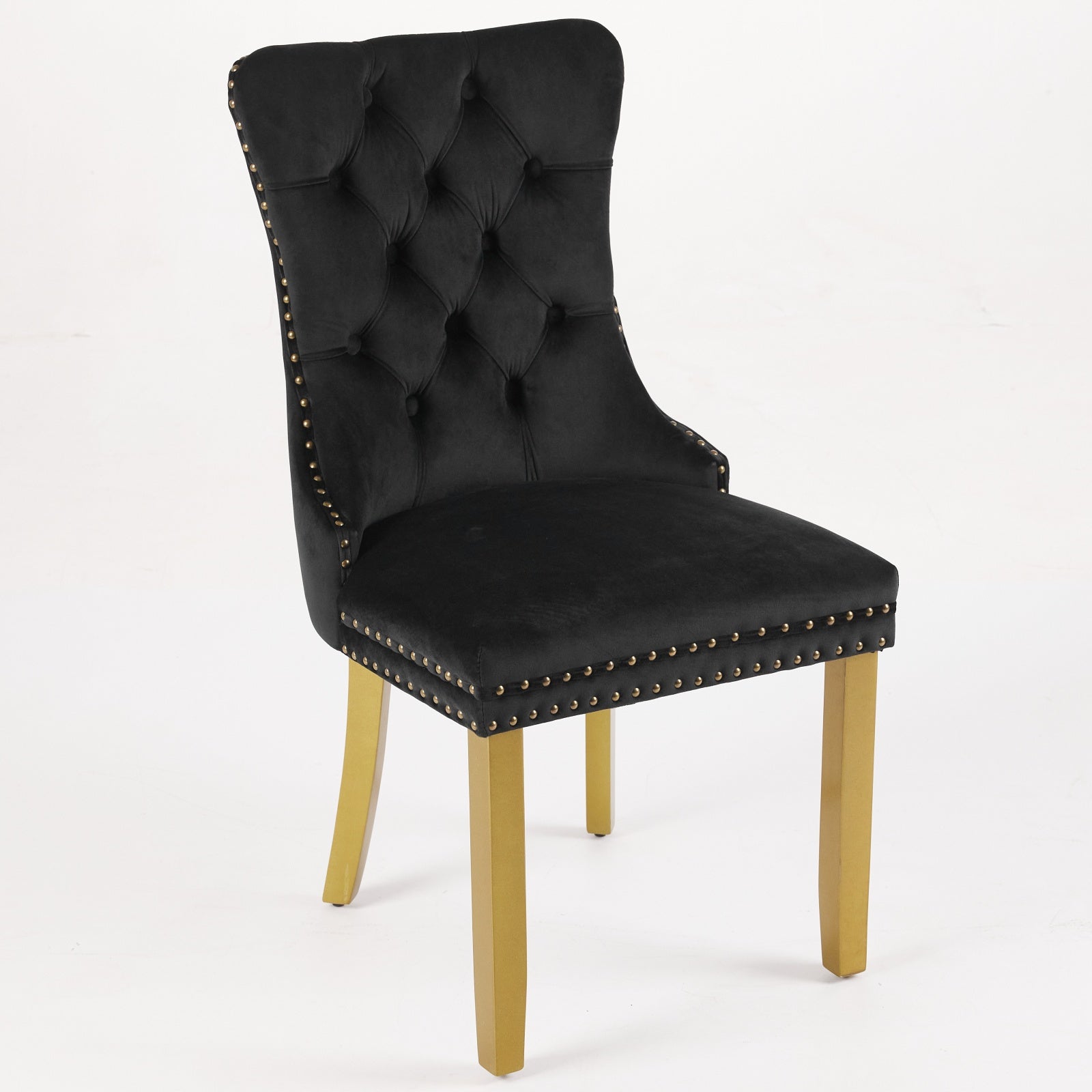 Mid-Century Modern Chairs with Lion Head Pull Ring,High-end Tufted Solid Wood Contemporary Velvet Upholstered Dining Chair with Golden Wooden Legs Nailhead Trim 2-Pcs Set,Black,SW1201BK
