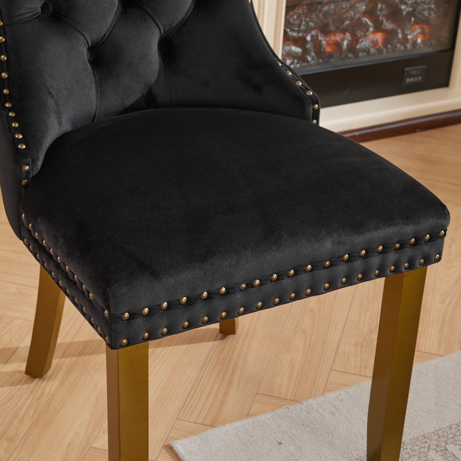 Mid-Century Modern Chairs with Lion Head Pull Ring,High-end Tufted Solid Wood Contemporary Velvet Upholstered Dining Chair with Golden Wooden Legs Nailhead Trim 2-Pcs Set,Black,SW1201BK