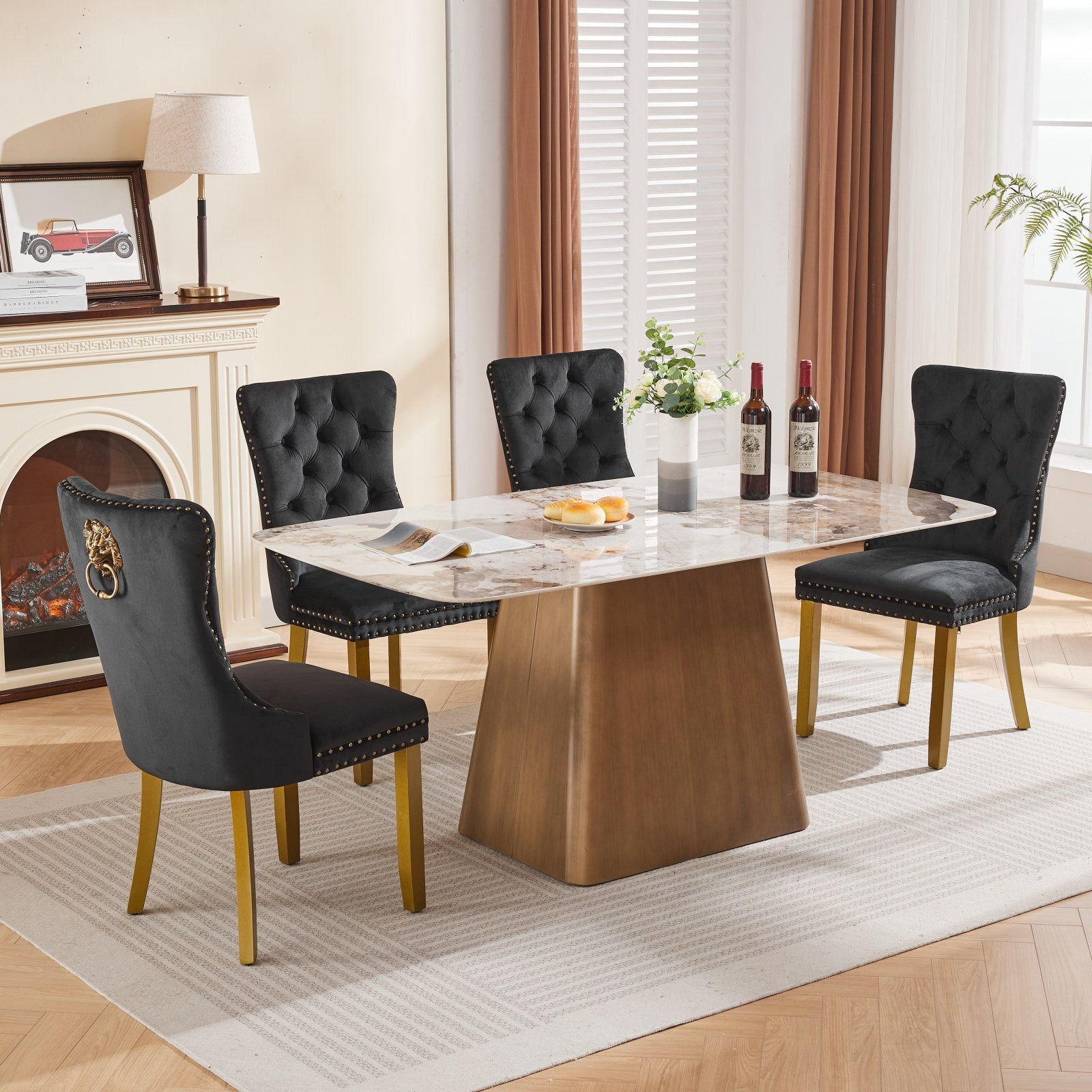 Mid-Century Modern Chairs with Lion Head Pull Ring,High-end Tufted Solid Wood Contemporary Velvet Upholstered Dining Chair with Golden Wooden Legs Nailhead Trim 2-Pcs Set,Black,SW1201BK