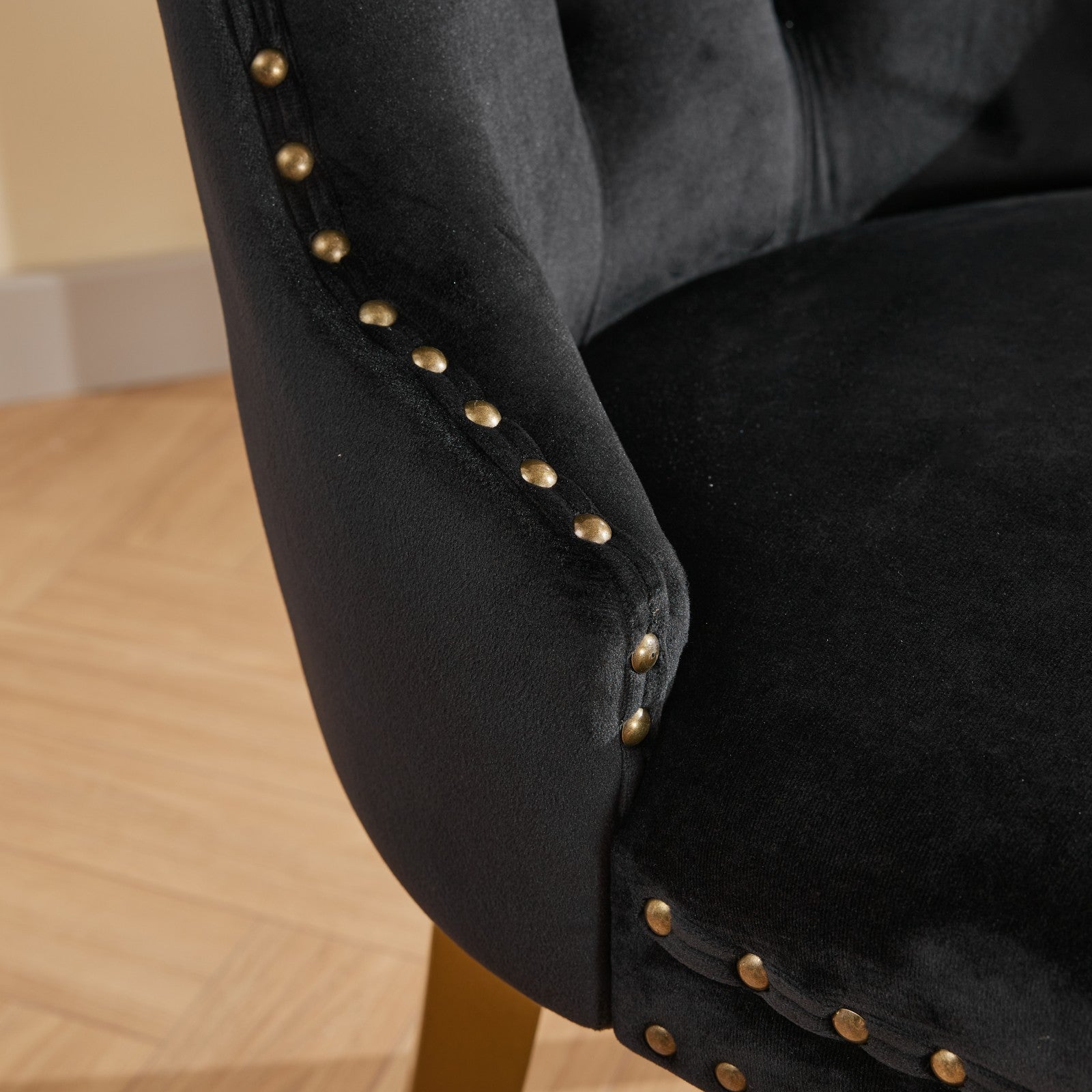 Mid-Century Modern Chairs with Lion Head Pull Ring,High-end Tufted Solid Wood Contemporary Velvet Upholstered Dining Chair with Golden Wooden Legs Nailhead Trim 2-Pcs Set,Black,SW1201BK