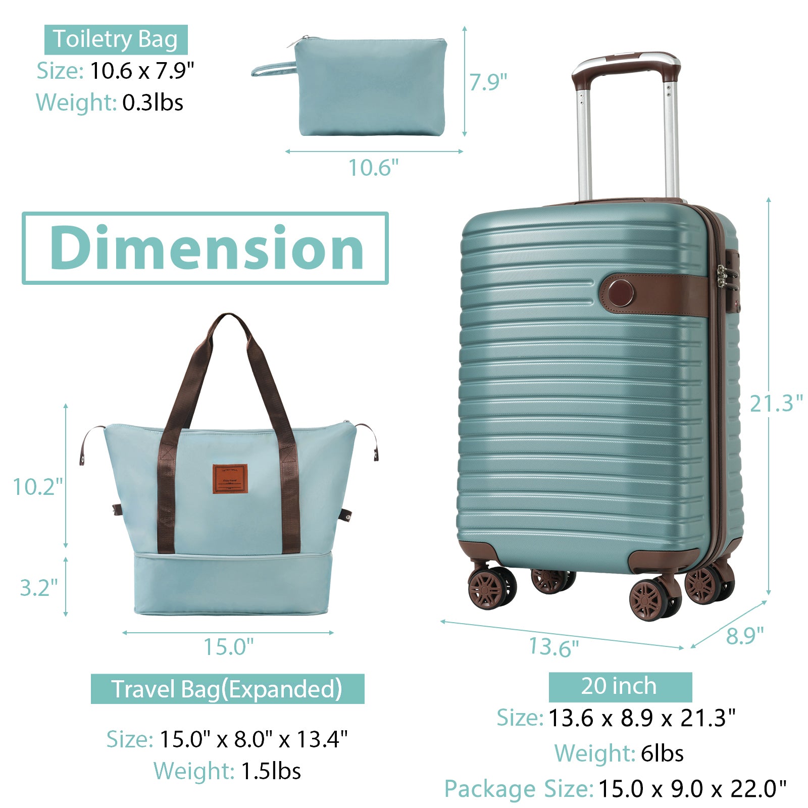 Luggage Sets 3 Piece Carry on Luggage 22x14x9 Airline Approved, Lightweight Hardshell ABS Suitcases with Wheels, 20 inch, Blue