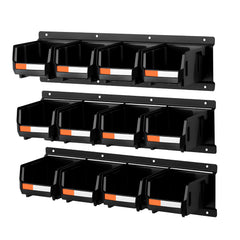Wall Mounted Storage Bins, 12 Plastic Bins & 3 Metal Rails, Plastic Hanging Stackable Storage Bin for Screws, Nuts, Bolts, Nails, Hardware Tool Organizer for Workshop, Craft Room, Garage, Black