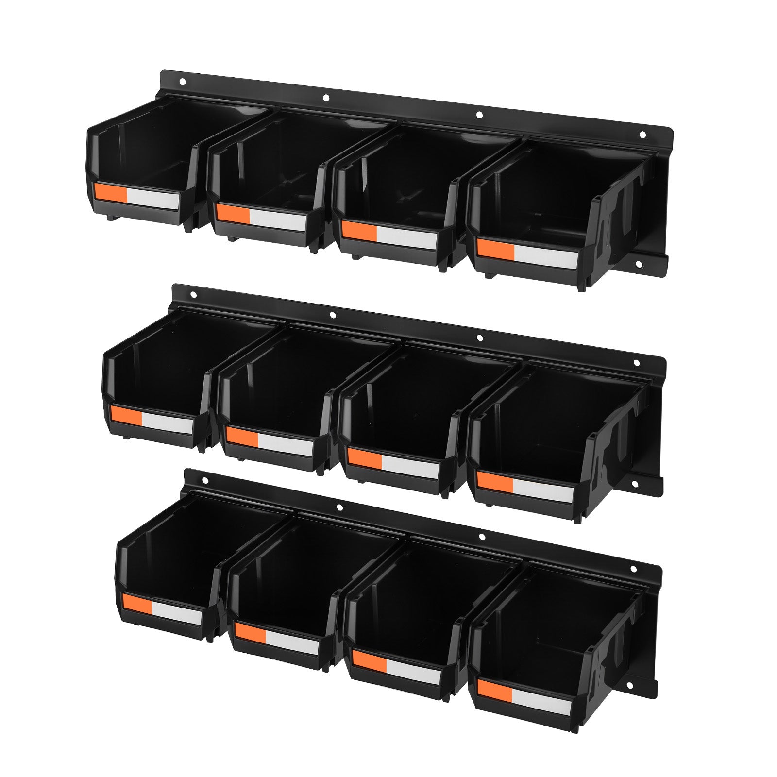 Wall Mounted Storage Bins, 12 Plastic Bins & 3 Metal Rails, Plastic Hanging Stackable Storage Bin for Screws, Nuts, Bolts, Nails, Hardware Tool Organizer for Workshop, Craft Room, Garage, Black