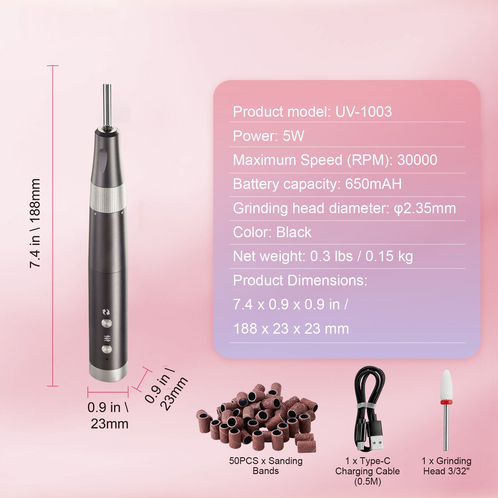 Electric Cordless Nail Drill, 30,000RPM Variable-Speed Rechargeable Nail E File Machine, Portable Manicure Pedicure Polisher with 50PCS Sanding Bands for Dead Skin Removal, Nail Surface Smooth