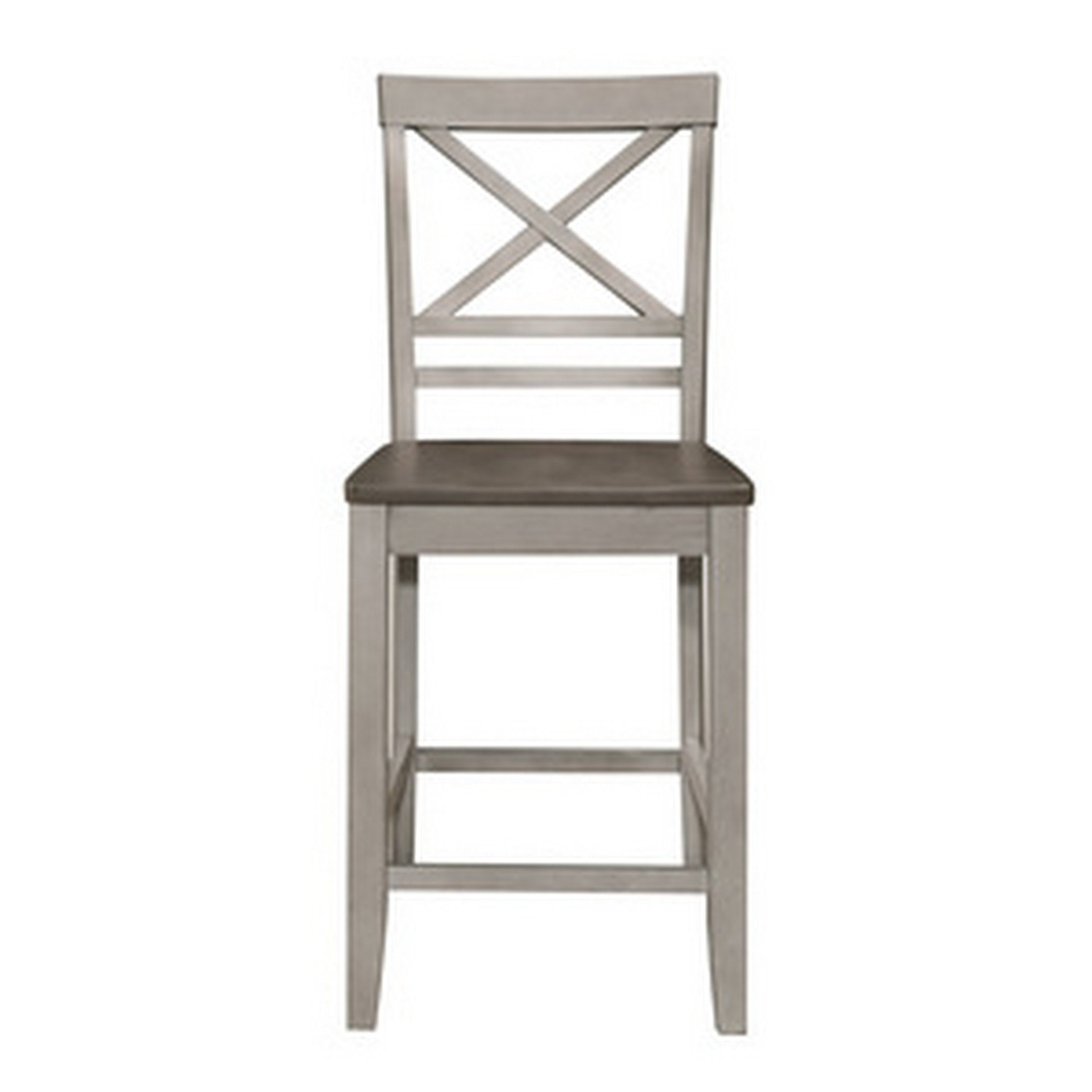 Brian 23 Inch Counter Chair, Crossbuck Backrest, Rustic Gray Wood, Brown