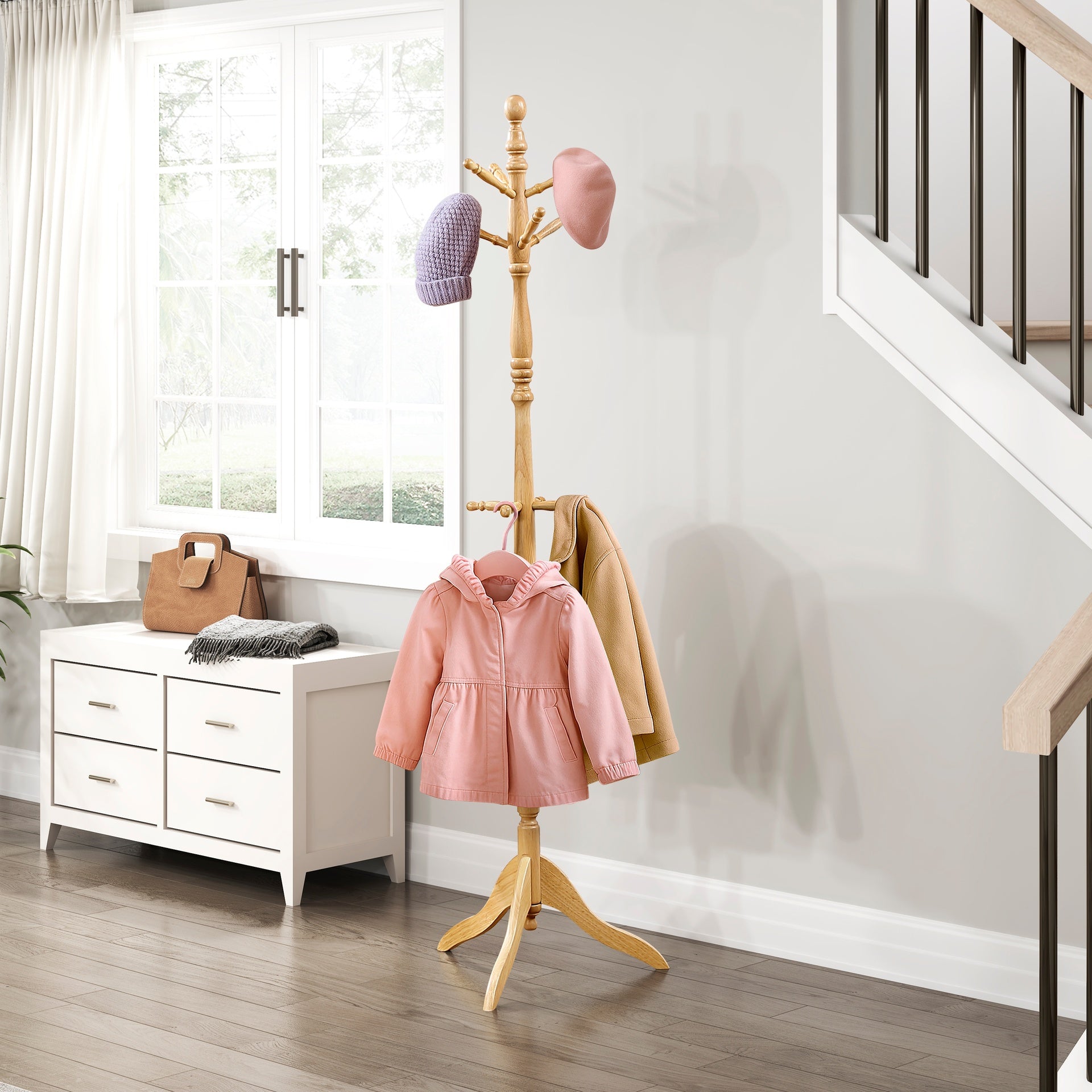 Natural Finish Classic Coat Rack Solid Wood, 10 Hooks Coat Hanger Stand Entryway Home Furniture 1pc