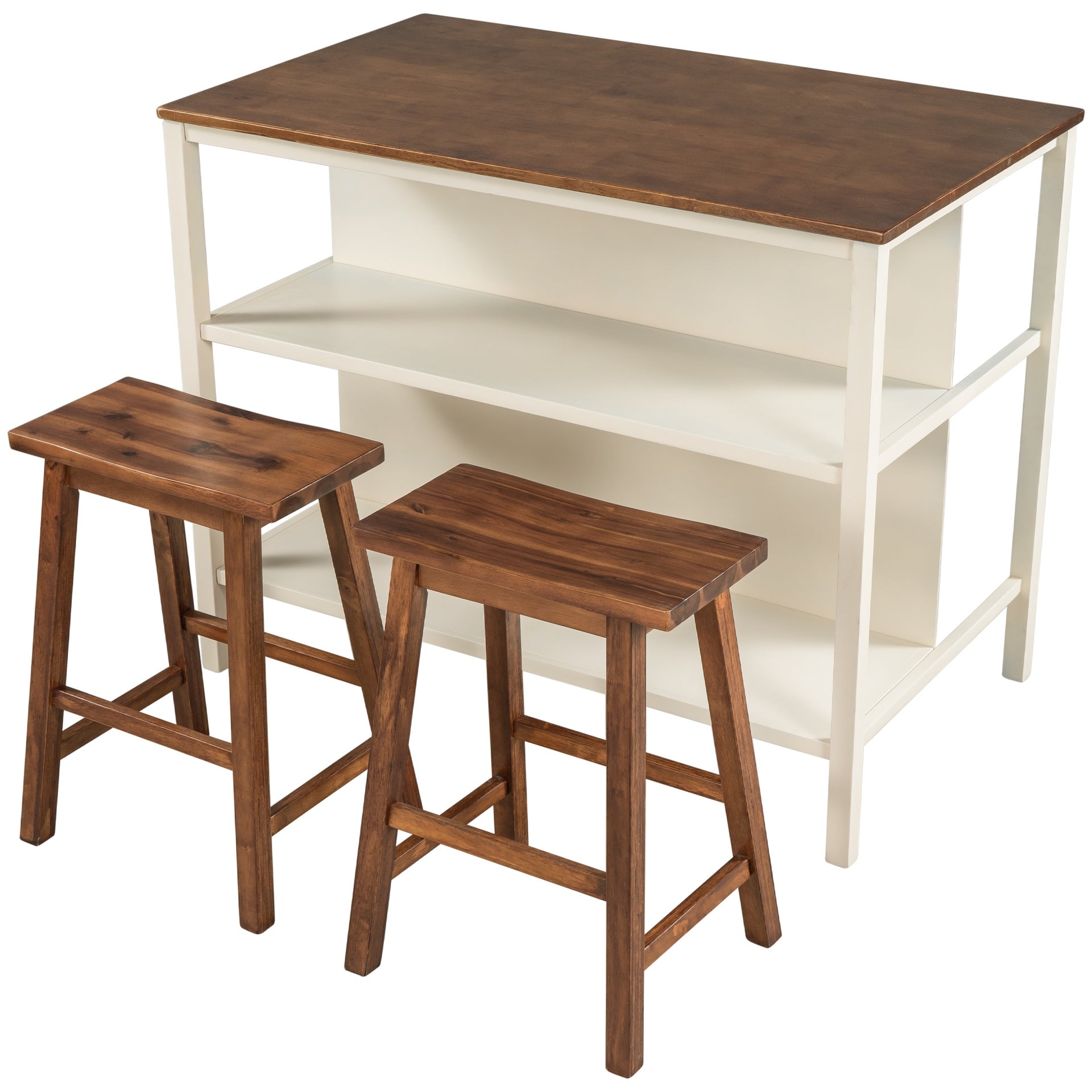 TOPMAX Solid Wood Rustic 3-piece 45" Stationary Kitchen Island Set with 2 Seatings, Rubber Wood Butcher Block Dining Table Set Prep Table Set with 2 Open Shelves for Small Places,Walnut+Cream White