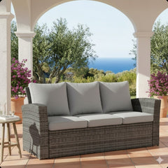 67.7" All-Weather Wicker 3-Seat Patio Sofa with Thick Gray Cushions & Black Frame