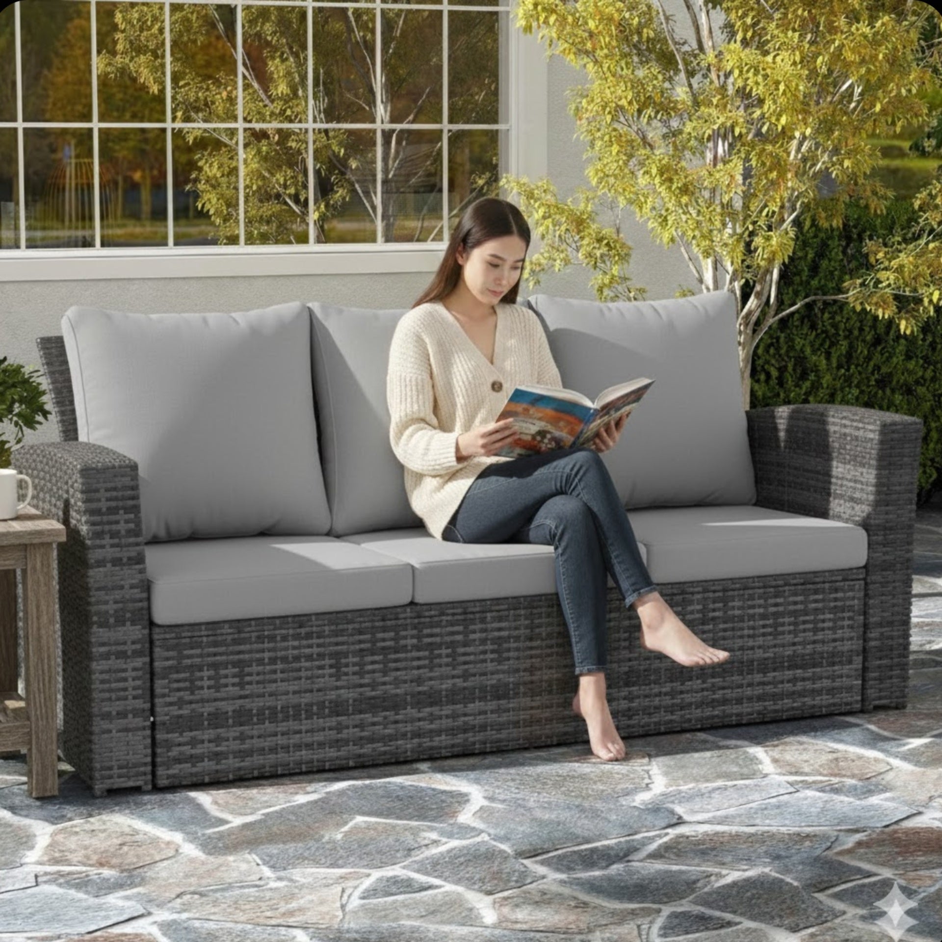 67.7" All-Weather Wicker 3-Seat Patio Sofa with Thick Gray Cushions & Black Frame